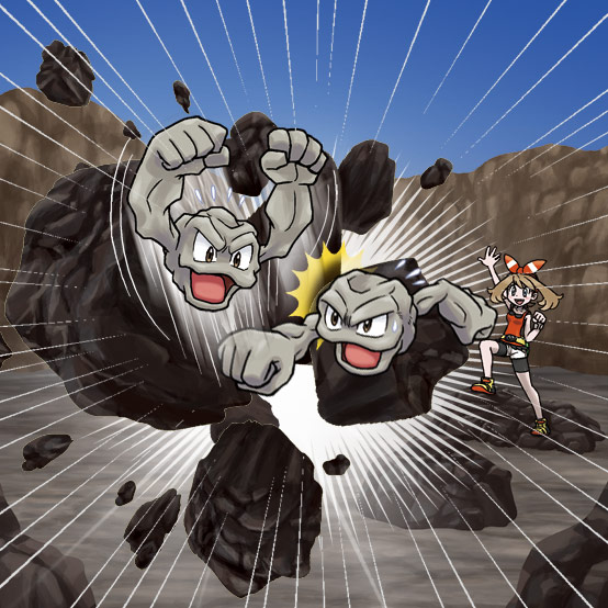 geodude, may (pokemon), nintendo, pokemon, pokemon oras, artist request, commentary request, official art, second-party source, 1girl, arm up, arms up, bike shorts, bike shorts under shorts, black shorts, blue sky, brown hair, clear sky, clenched hand, clenched hands, day, debris, emphasis lines, gen 1 pokemon, grey eyes, hair ribbon, looking at another, medium hair, open mouth, outdoors, pokemon (creature), pokemon move, punching, red ribbon, red shirt, ribbon, rock, rock smash (pokemon), shirt, shoes, shorts, sky, sleeveless, sleeveless shirt, smile, white shorts