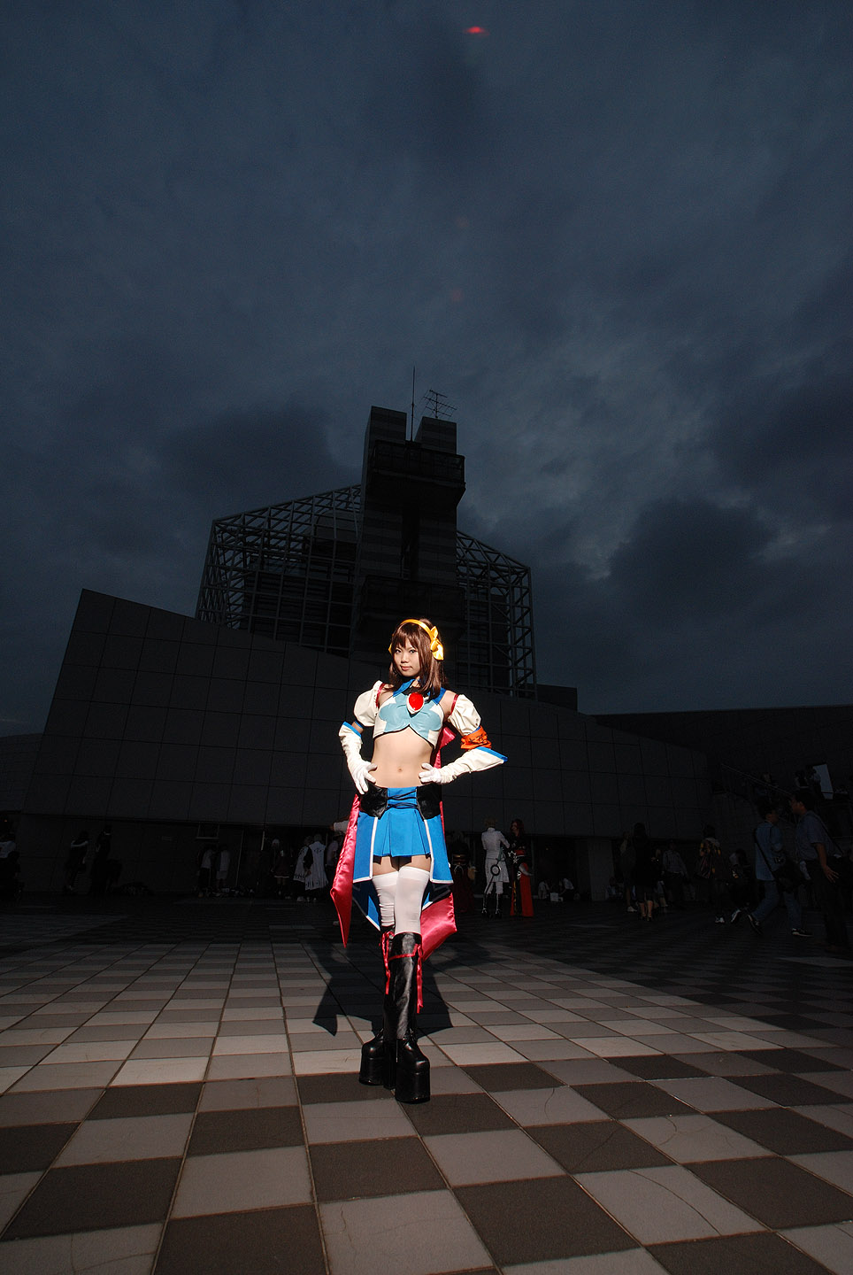 taku anko, suzumiya haruhi, suzumiya haruhi no tomadoi, suzumiya haruhi no yuuutsu, highres, photo (medium), boots, cape, cosplay, elbow gloves, gloves, hair ribbon, halterneck, midriff, pleated skirt, ribbon, skirt, thighhighs