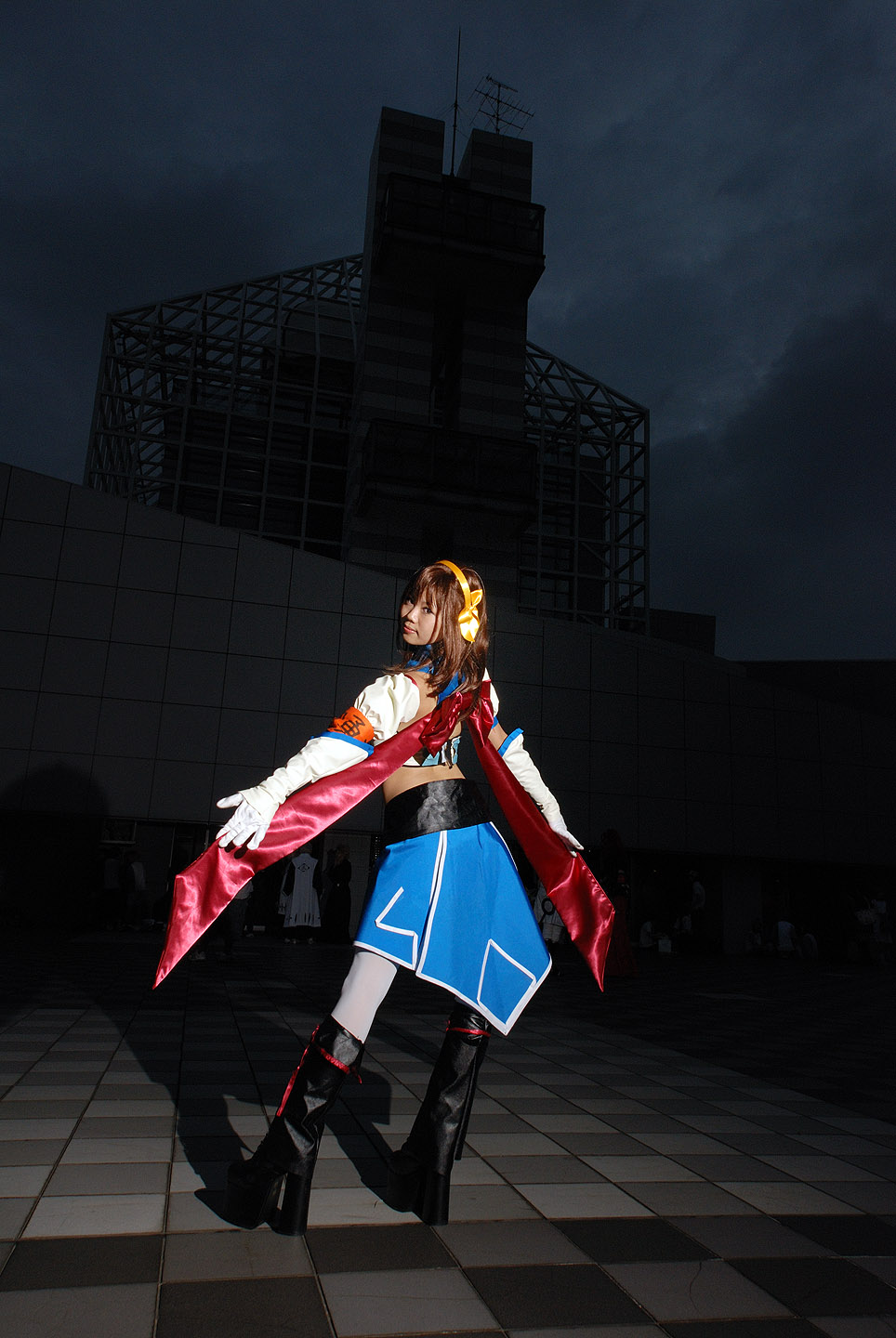 taku anko, suzumiya haruhi, suzumiya haruhi no tomadoi, suzumiya haruhi no yuuutsu, highres, photo (medium), boots, cape, cosplay, elbow gloves, gloves, hair ribbon, halterneck, pleated skirt, ribbon, skirt, thighhighs