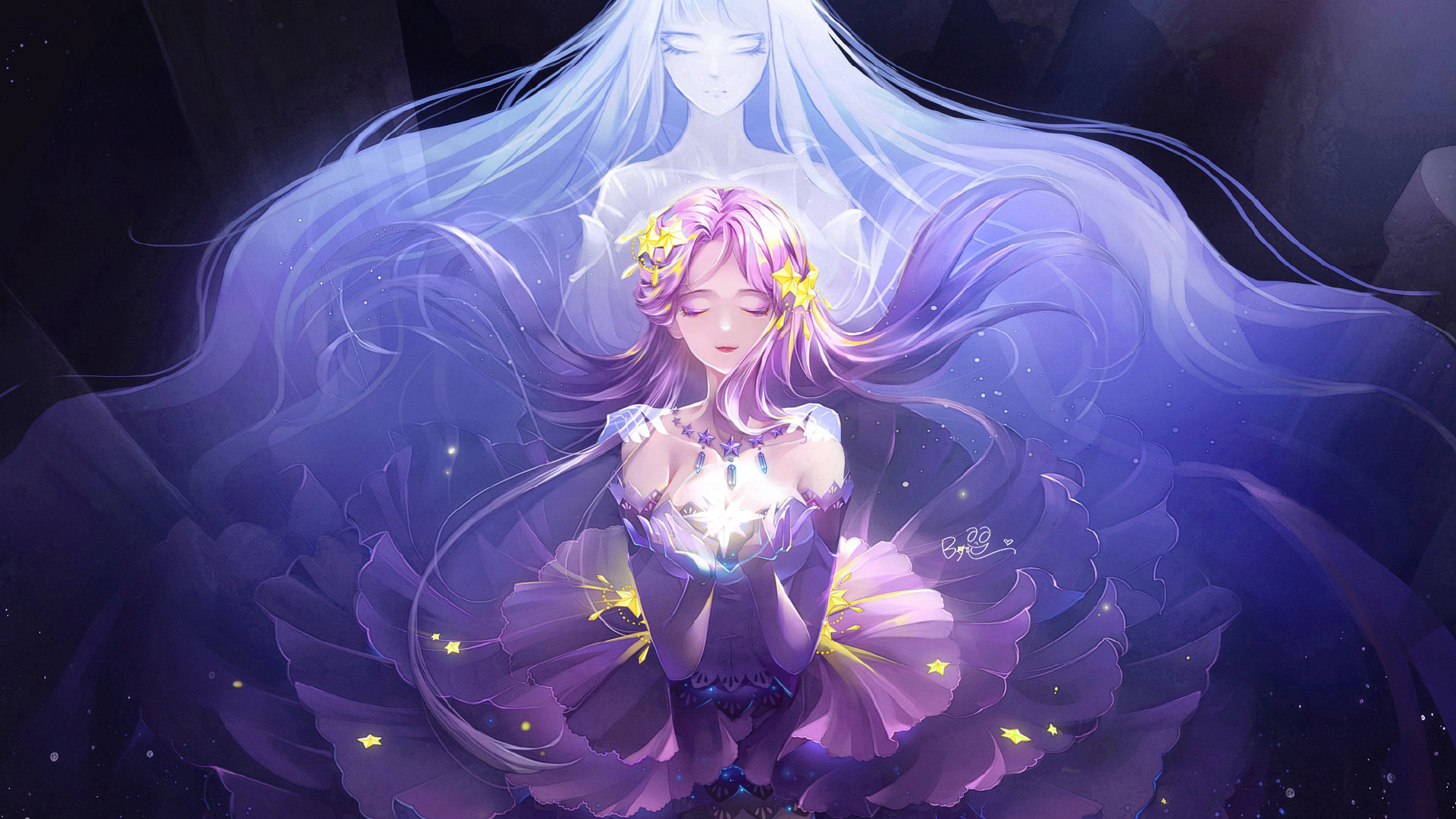 by yi, nikki (nikki), star sea (nikki), nikki (series), shining nikki, highres, 1girl, 1other, absurdly long hair, bare shoulders, black background, breasts, cleavage, close-up, closed eyes, closed mouth, collarbone, dress, eyelashes, eyeshadow, floating clothes, floating hair, ghost, gloves, gown, hair ornament, hands on another's shoulders, happy, holding, holding star, jewelry, lace, lace-trimmed dress, lace-trimmed gloves, lace trim, large breasts, light particles, lipstick, long dress, long hair, makeup, necklace, purple dress, purple eyeshadow, purple gloves, purple hair, red lips, sidelocks, signature, smile, star (symbol), star hair ornament, star necklace, star print, styling and beauty (shining nikki), topless other, very long hair, wavy hair