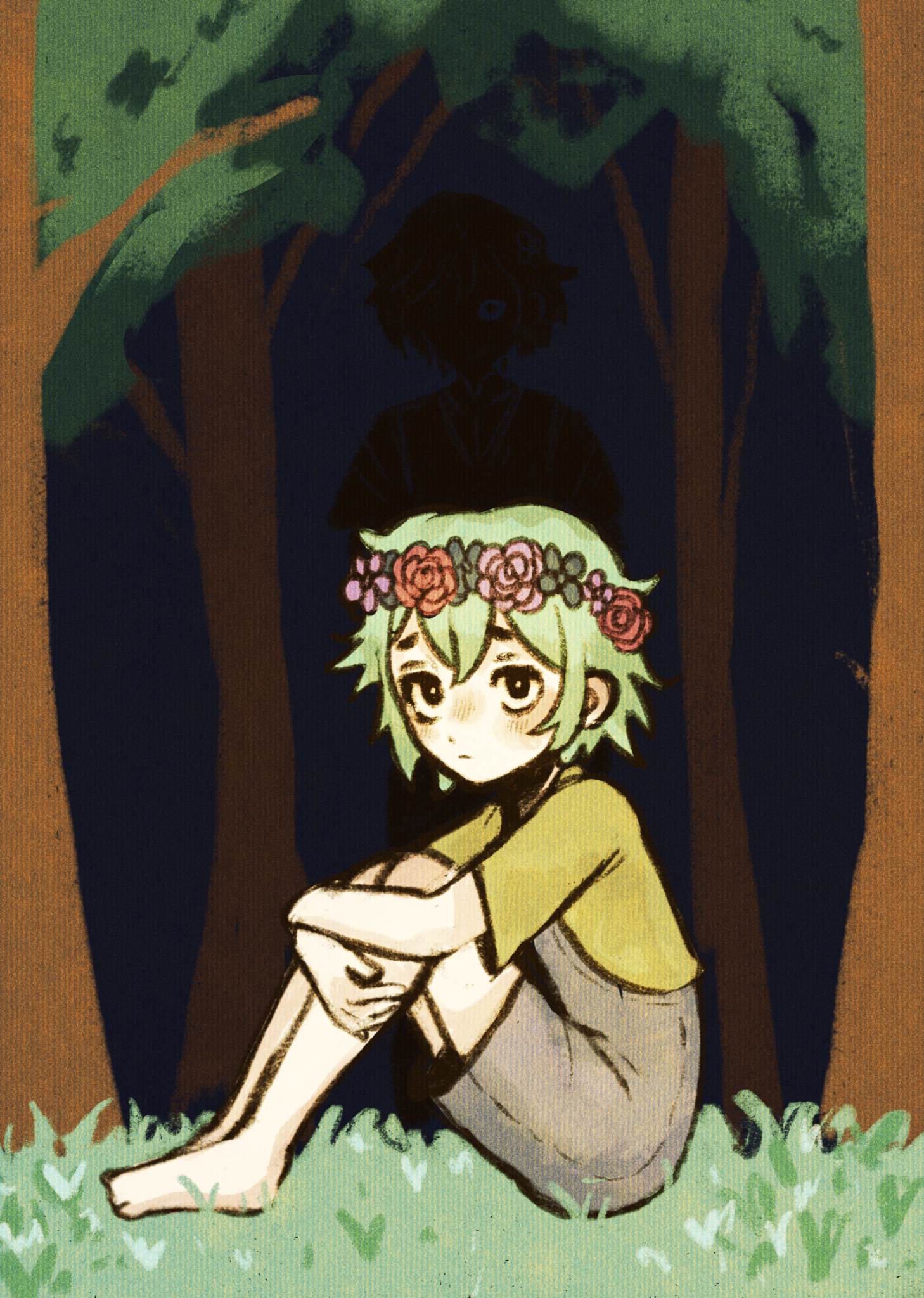 ottie pops, basil (headspace) (omori), basil (omori), stranger (omori), omori, highres, 2boys, alternate eye color, barefoot, black eyes, blue overalls, bright pupils, closed mouth, dual persona, flower, grass, green hair, green shirt, head wreath, knees up, looking at viewer, male focus, multiple boys, overall shorts, overalls, shirt, short hair, short sleeves, sitting, t-shirt, tree, white pupils