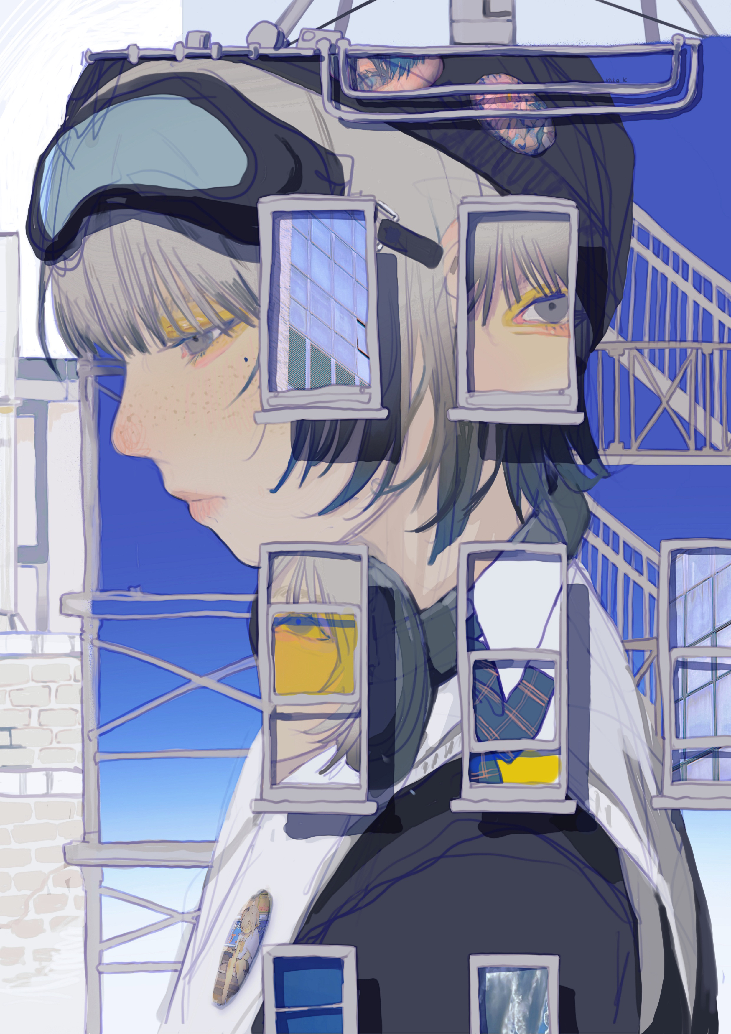 mikasamu, original, absurdres, highres, procreate (medium), 1girl, beanie, freckles, goggles, goggles on head, grey eyes, grey hair, hat, hat ornament, hat pin, headphones, headphones around neck, mole, mole under eye, window