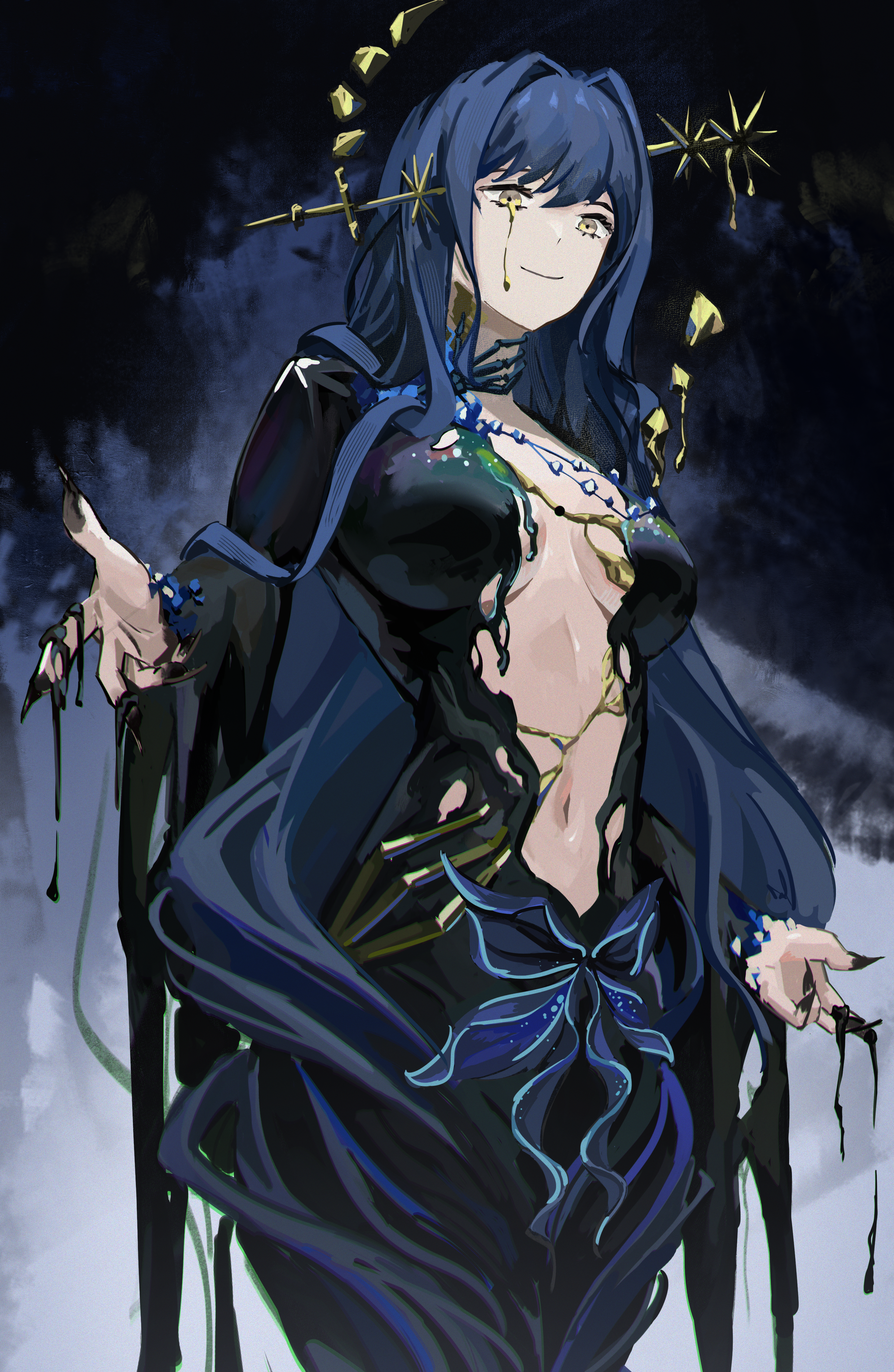 fankun de nuojiya, arcana (reverse:1999), reverse:1999, absurdres, highres, 1girl, black background, black dress, black liquid, blue hair, breasts, closed mouth, colored tears, cowboy shot, dress, grey background, large breasts, long hair, looking at viewer, navel, no bra, official alternate costume, plunging neckline, single tear, smile, solo, two-tone background, very long hair, wand in head, yellow eyes