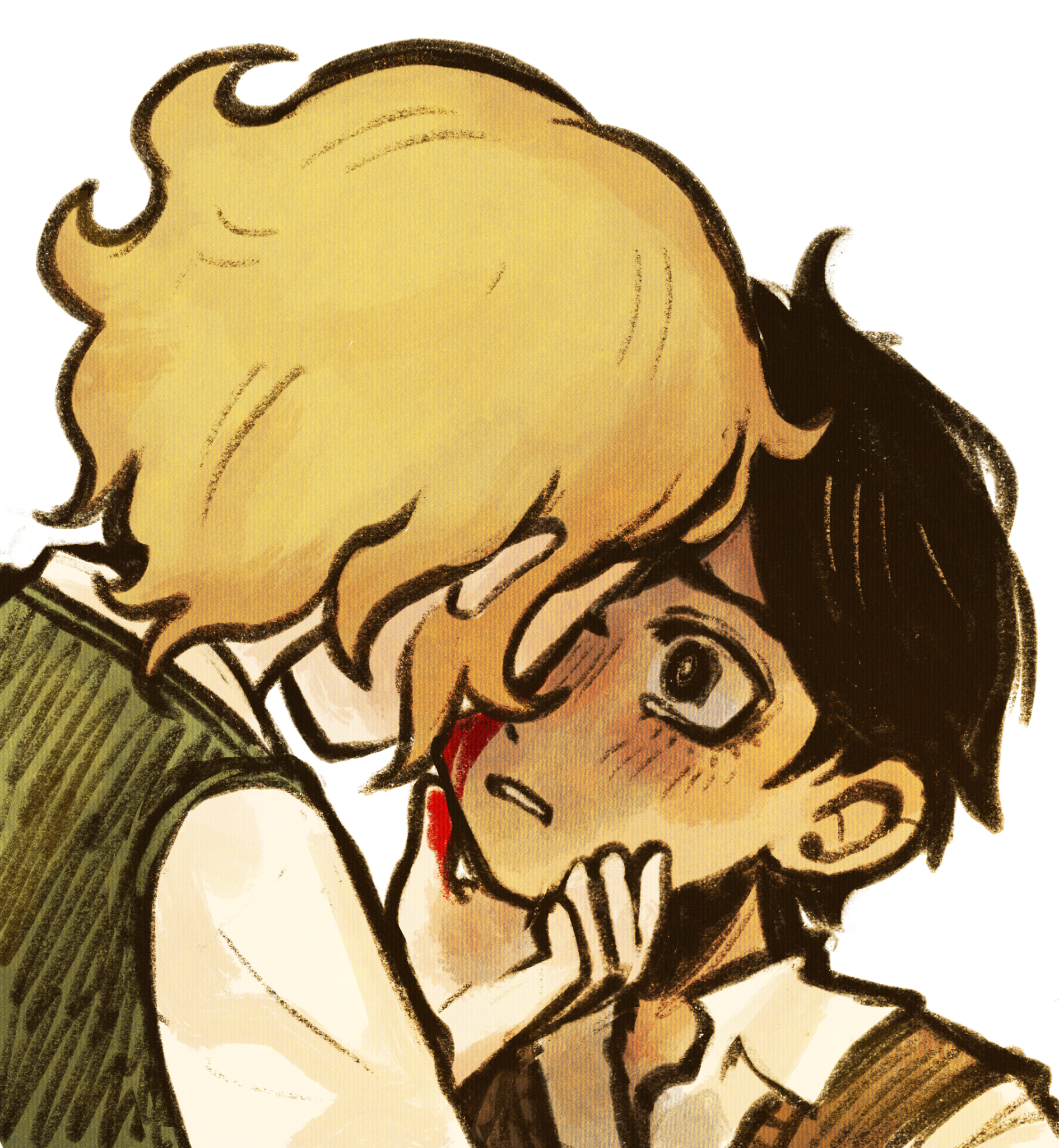 ottie pops, basil (faraway) (omori), basil (omori), sunny (omori), omori, highres, spoilers, 2boys, black eyes, black hair, black sweater vest, blonde hair, blood, blood on face, blood on hands, collared shirt, looking at another, male focus, multiple boys, parted lips, shirt, short hair, short sleeves, simple background, sweater vest, tearing up, white background
