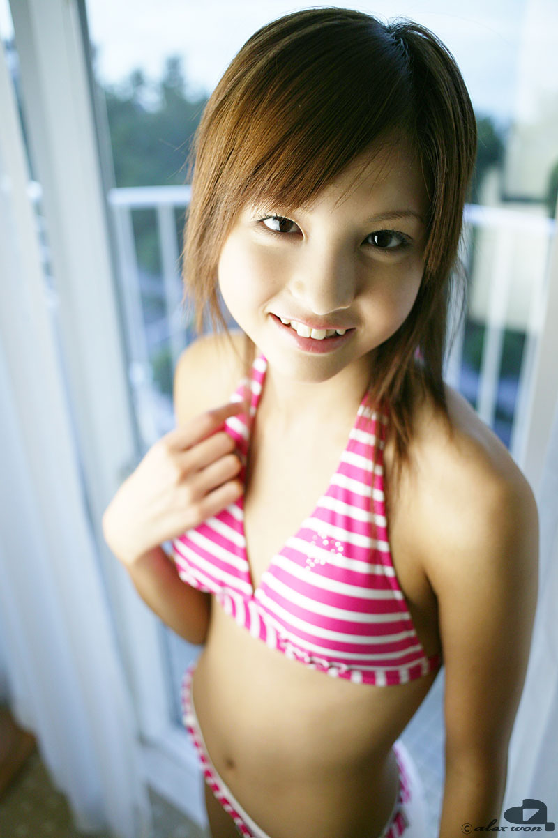 nagasaki rina, striped, highres, photo (medium), tagme, bikini, bikini top only, shorts, swimsuit