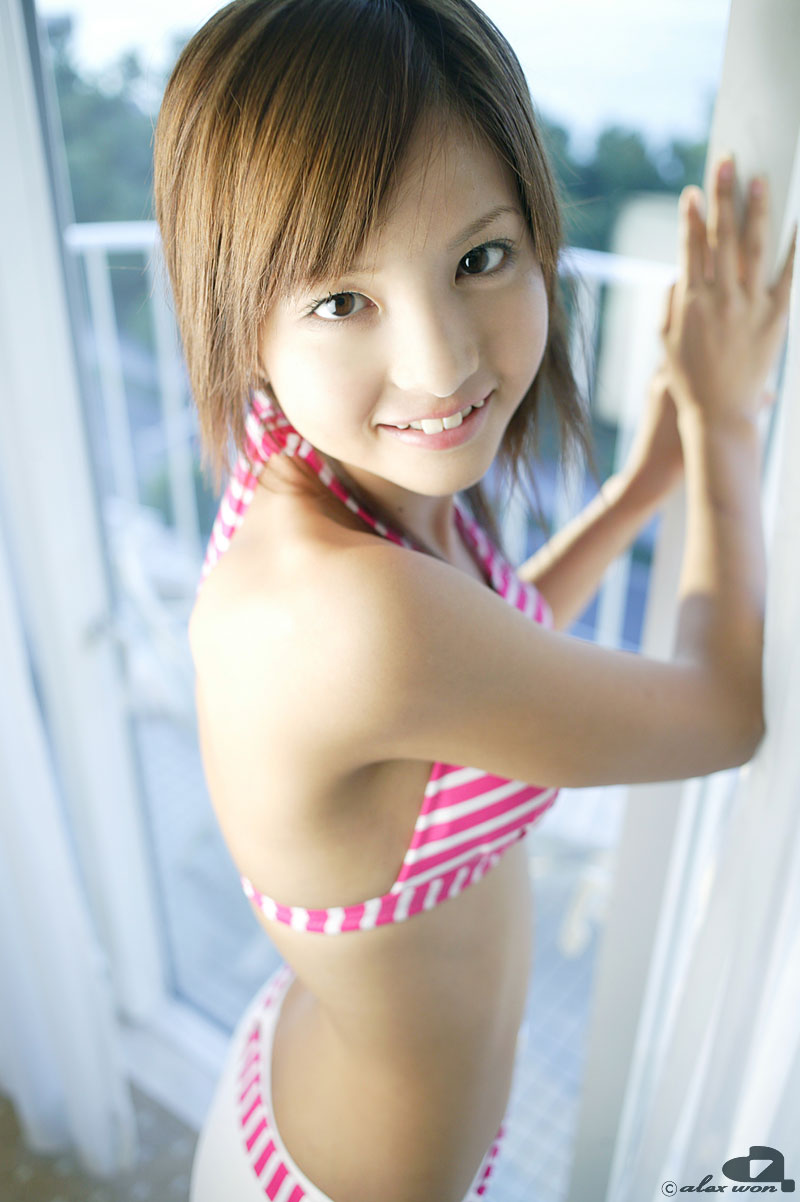 nagasaki rina, striped, highres, photo (medium), tagme, bikini, bikini top only, shorts, swimsuit