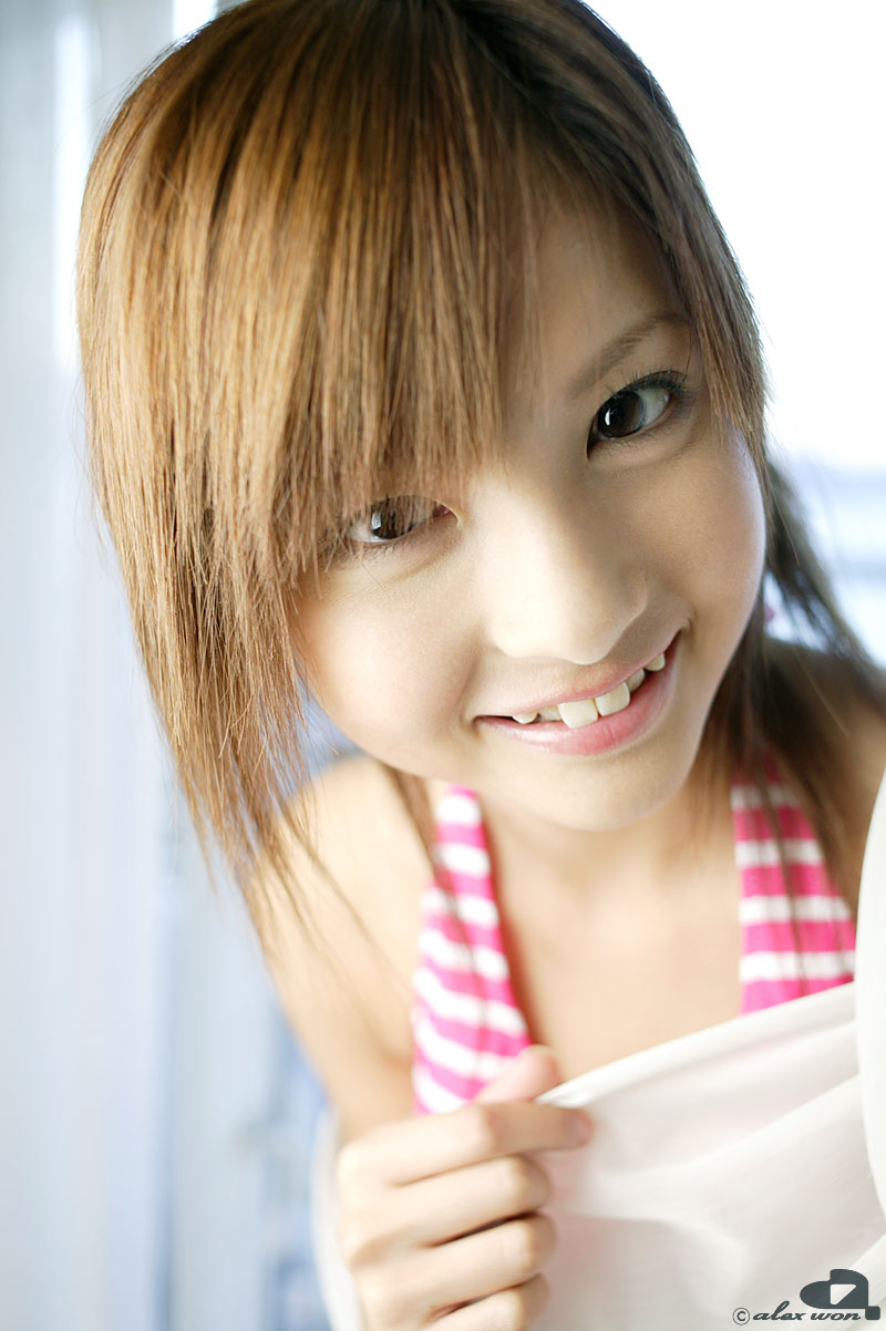 nagasaki rina, striped, highres, photo (medium), tagme, bikini, bikini top only, swimsuit