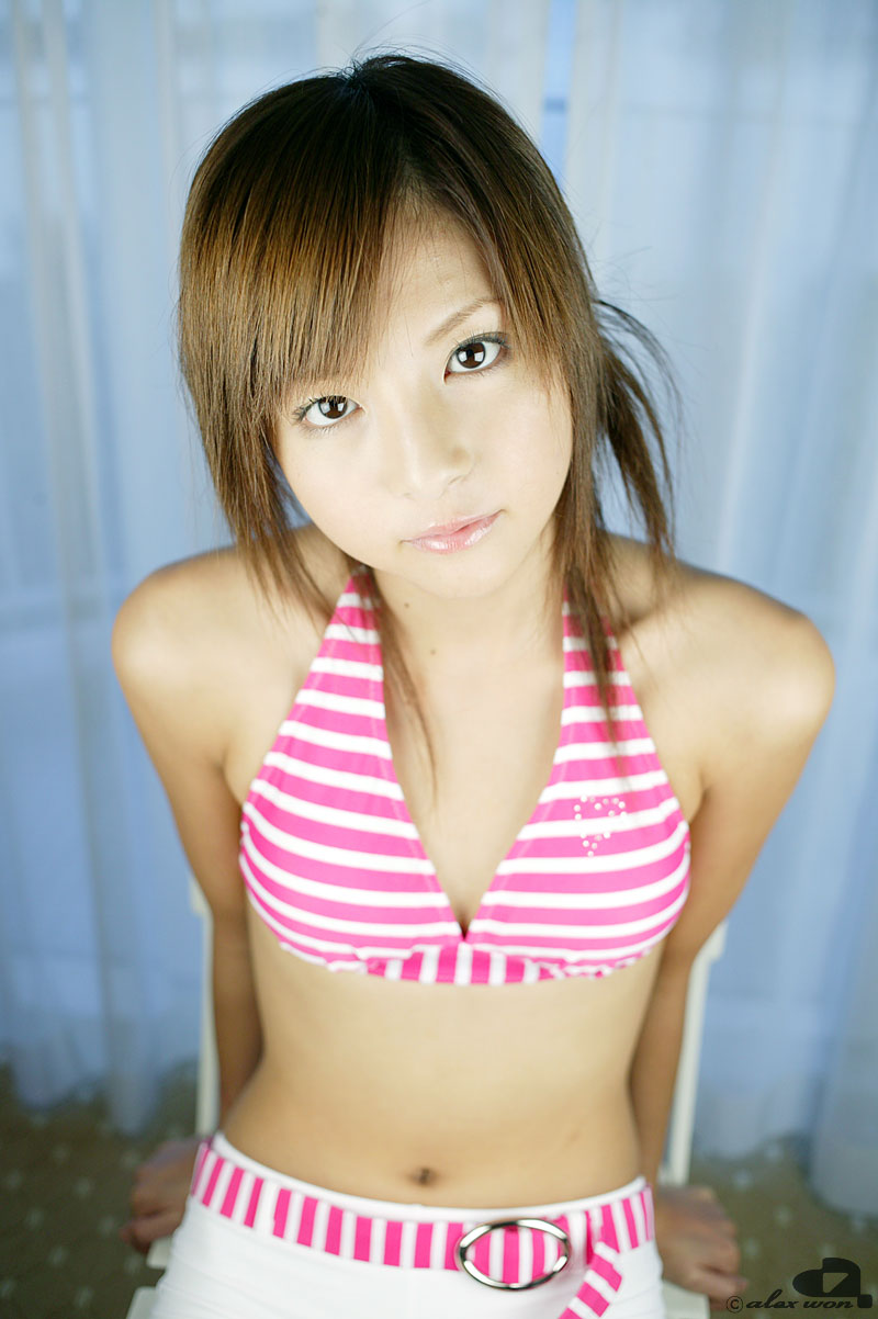 nagasaki rina, striped, highres, photo (medium), tagme, bikini, bikini top only, shorts, swimsuit