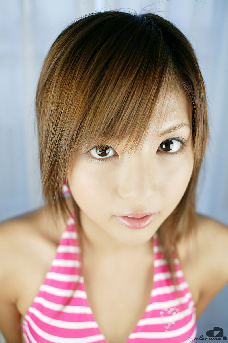 nagasaki rina, striped, highres, photo (medium), tagme, bikini, bikini top only, swimsuit
