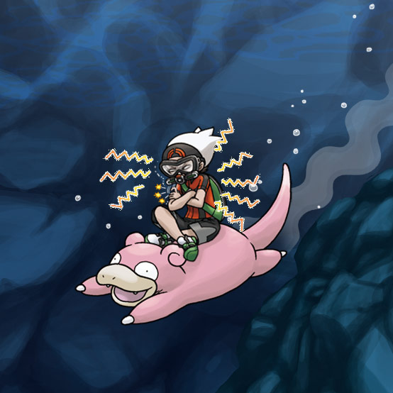 brendan (pokemon), slowpoke, nintendo, pokemon, pokemon oras, artist request, commentary request, official art, second-party source, 1boy, air bubble, backpack, bag, black shorts, bubble, crossed arms, crossed legs, dive (pokemon), fangs, gen 1 pokemon, goggles, green bag, green shoes, hat, nostrils, open mouth, pokemon (creature), pokemon move, red shirt, riding, riding pokemon, scuba gear, shirt, shoes, short sleeves, shorts, smile, swimming, underwater, white hat