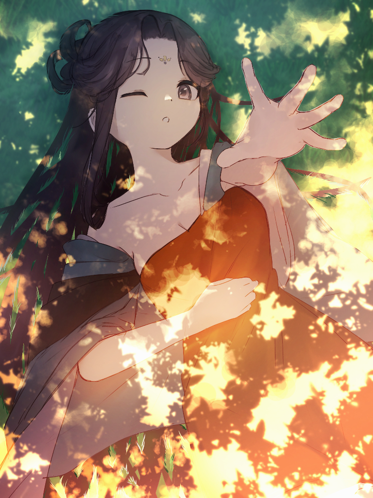 jiu niangzi, reverse:1999, 1girl, ;o, bare shoulders, black eyes, black hair, breasts, cleavage, dappled sunlight, dress, facial mark, forehead mark, from above, green sleeves, huadian, long hair, looking at viewer, lying, manaringo23, on back, on grass, one eye closed, outstretched arm, red dress, solo, sunlight, upper body, wide sleeves