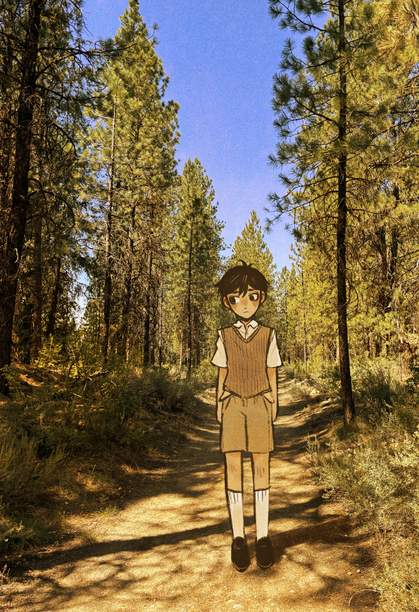 ottie pops, sunny (omori), omori, highres, 1boy, antenna hair, black hair, black shoes, black sweater vest, blue sky, brown shorts, closed mouth, collared shirt, day, forest, male focus, nature, outdoors, photo background, shirt, shoes, short sleeves, shorts, sky, socks, solo, standing, sweater vest, tree, white shirt, white socks