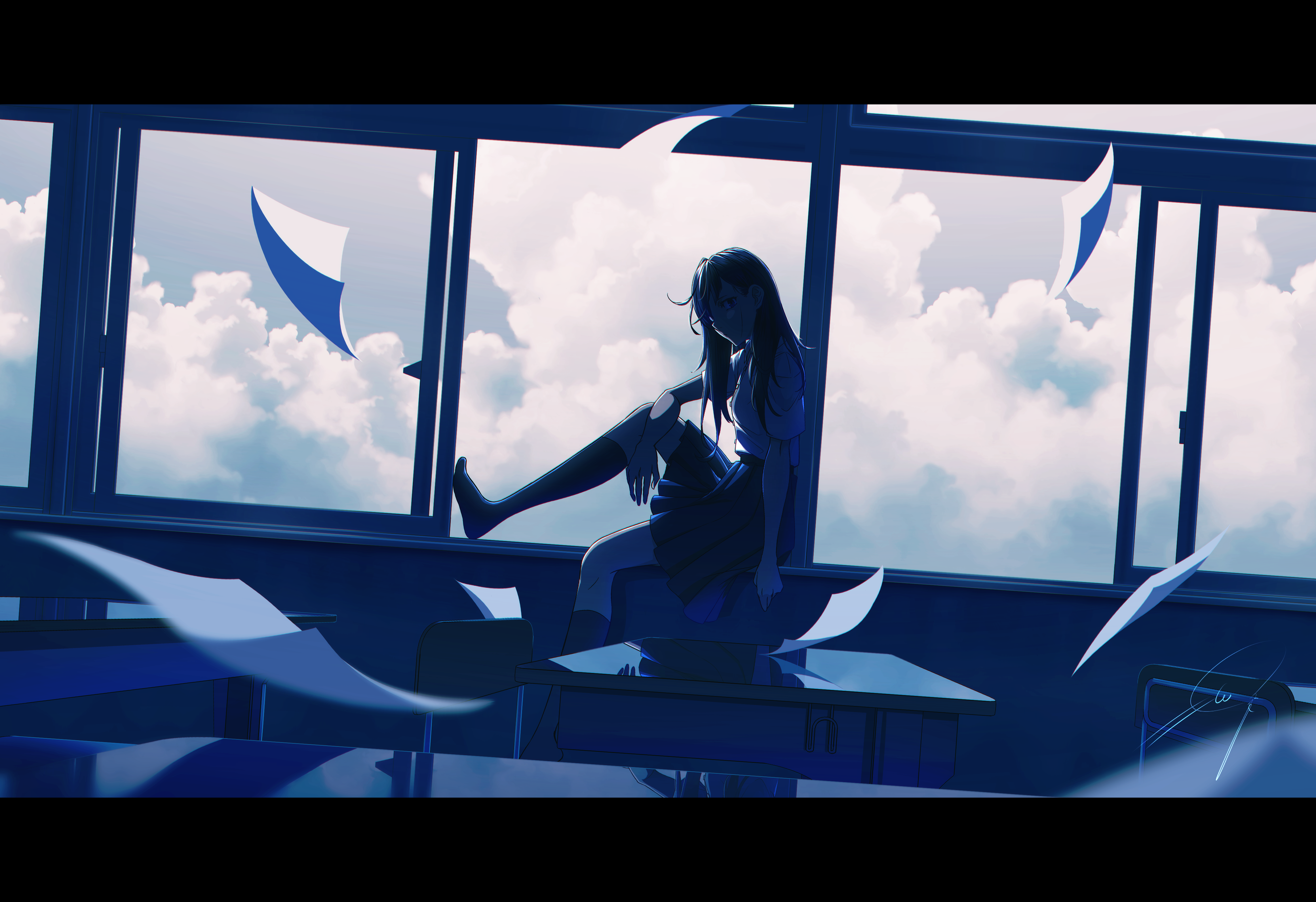 nengoro, original, absurdres, highres, 1girl, arm at side, black hair, black skirt, black socks, chair, classroom, closed mouth, cloud, cloudy sky, cuts, desk, flat chest, foot out of frame, from side, injury, kneehighs, long hair, looking at viewer, looking to the side, medium skirt, paper, pleated skirt, scenery, school desk, shirt, short sleeves, sitting, skirt, sky, socks, solo, white shirt, window