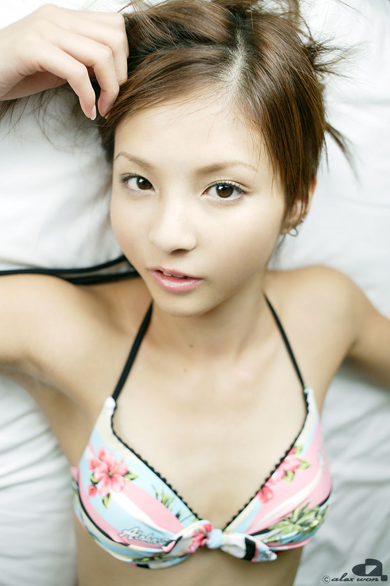 nagasaki rina, highres, photo (medium), tagme, bed, bikini, bikini top only, swimsuit