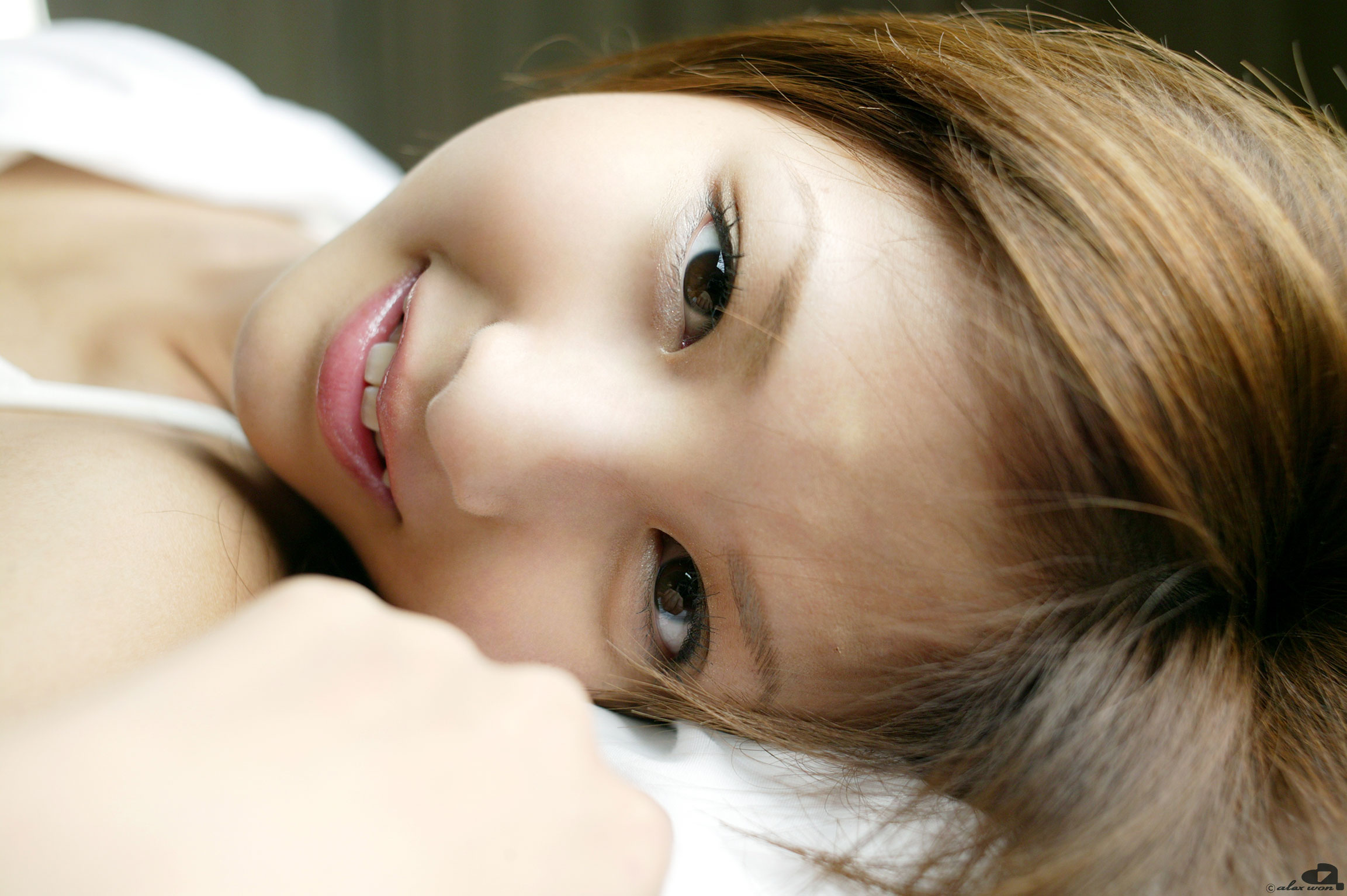 nagasaki rina, highres, photo (medium), tagme, bed, bikini, bikini top only, swimsuit