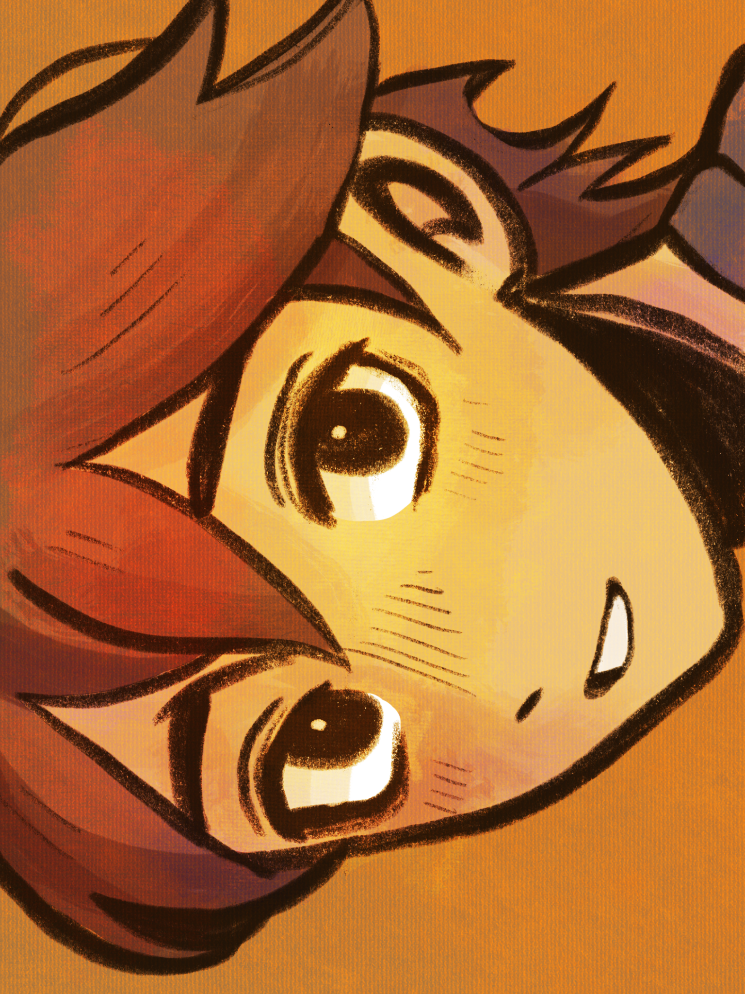 ottie pops, hero (faraway) (omori), hero (omori), omori, highres, 1boy, alternate eye color, black eyes, bright pupils, brown hair, close-up, dark-skinned male, dark skin, double-parted bangs, looking at viewer, male focus, orange background, parted lips, short hair, simple background, smile, solo, upper body, white pupils
