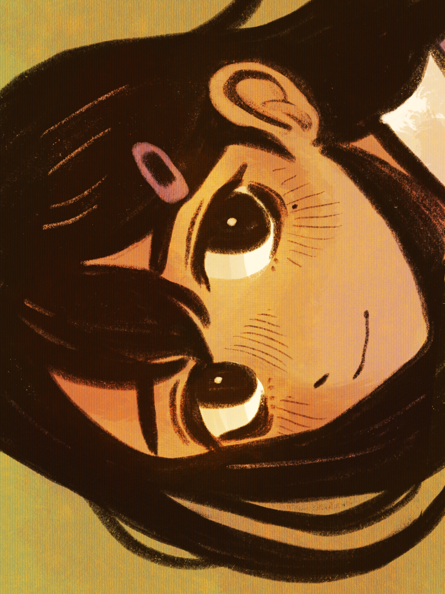 ottie pops, mari (faraway) (omori), mari (omori), omori, highres, 1girl, black eyes, black hair, bright pupils, brown background, close-up, closed mouth, collared shirt, double-parted bangs, hair ornament, hairclip, long hair, looking at viewer, mole, mole under eye, shirt, simple background, smile, solo, upper body, white pupils, white shirt