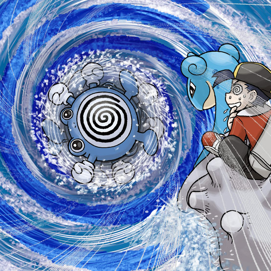 ethan (pokemon), lapras, poliwhirl, nintendo, pokemon, pokemon hgss, artist request, commentary request, official art, second-party source, 1boy, @ @, backwards hat, black hair, black pants, bright pupils, closed mouth, flying sweatdrops, gen 1 pokemon, hat, motion blur, nostrils, pants, pokemon (creature), pokemon move, riding, riding pokemon, shoes, smile, spinning, spiral-only eyes, sweat, water, whirlpool, whirlpool (pokemon), white pupils
