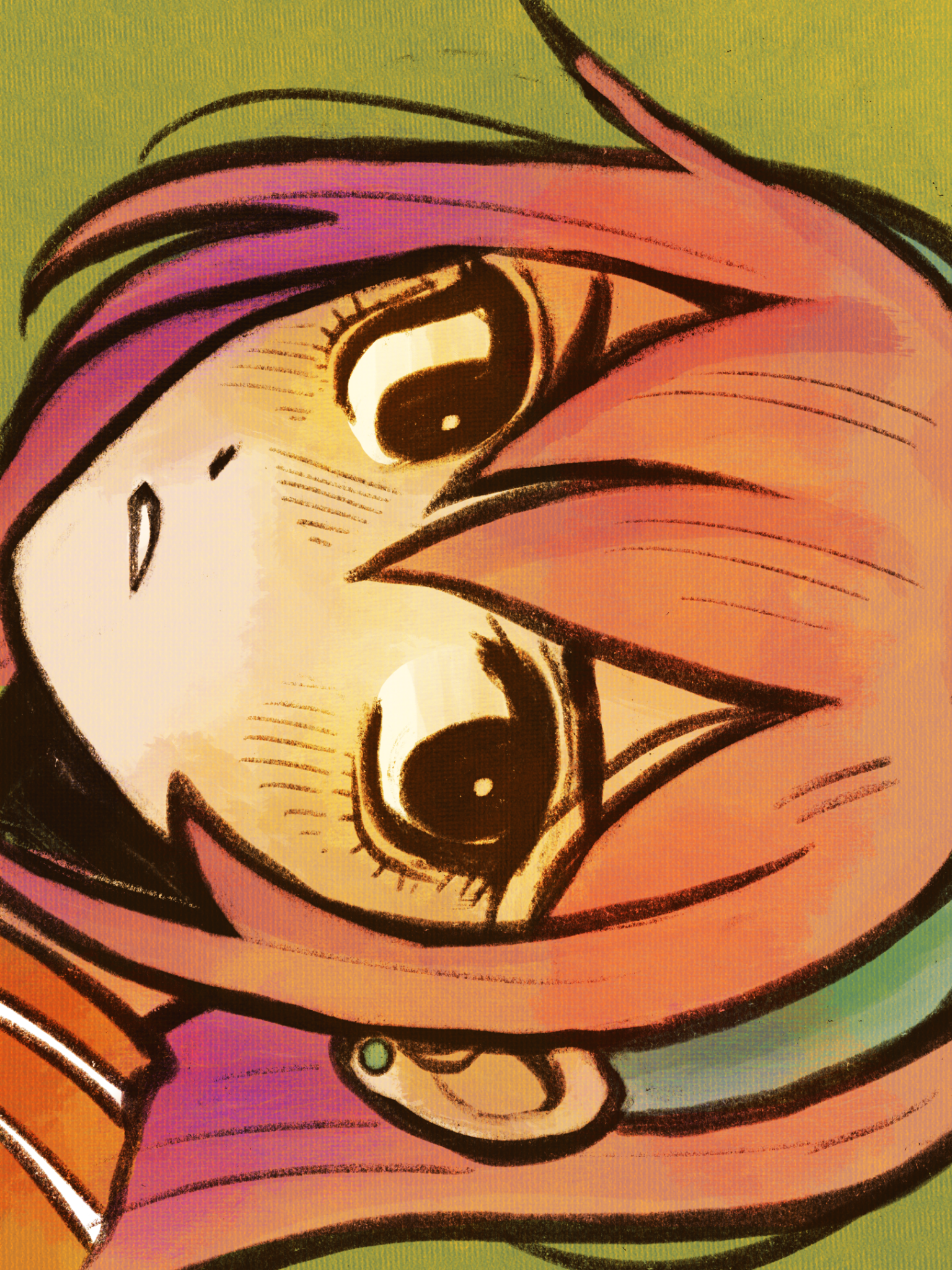 ottie pops, aubrey (faraway) (omori), aubrey (omori), omori, highres, 1girl, alternate eye color, black eyes, blue hairband, bright pupils, close-up, double-parted bangs, ear piercing, green background, hairband, long hair, looking at viewer, parted lips, piercing, pink hair, simple background, solo, upper body, white pupils