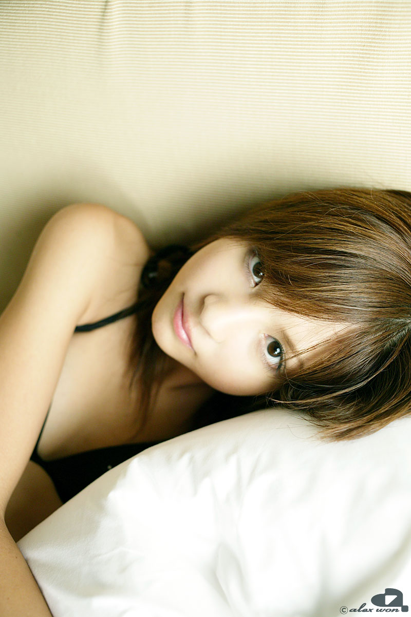 nagasaki rina, highres, photo (medium), tagme, bed, bikini, bikini top only, swimsuit