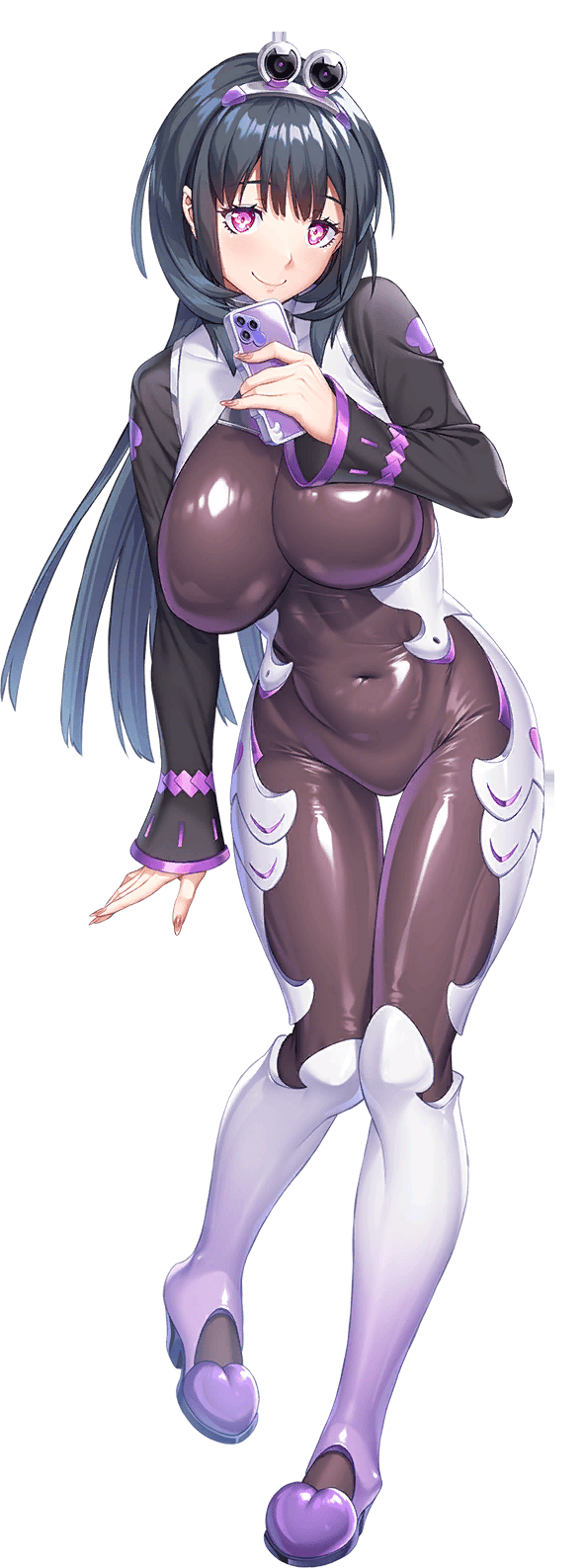 nobushito kuro, ayano shaeirin, lilith-soft, taimanin (series), taimanin rpgx, 1girl, bodysuit, breasts, curvy, full body, holding, holding phone, huge breasts, impossible bodysuit, impossible clothes, long hair, long sleeves, phone, purple eyes, shiny clothes, shiny skin, smile, solo, transparent background, wide hips