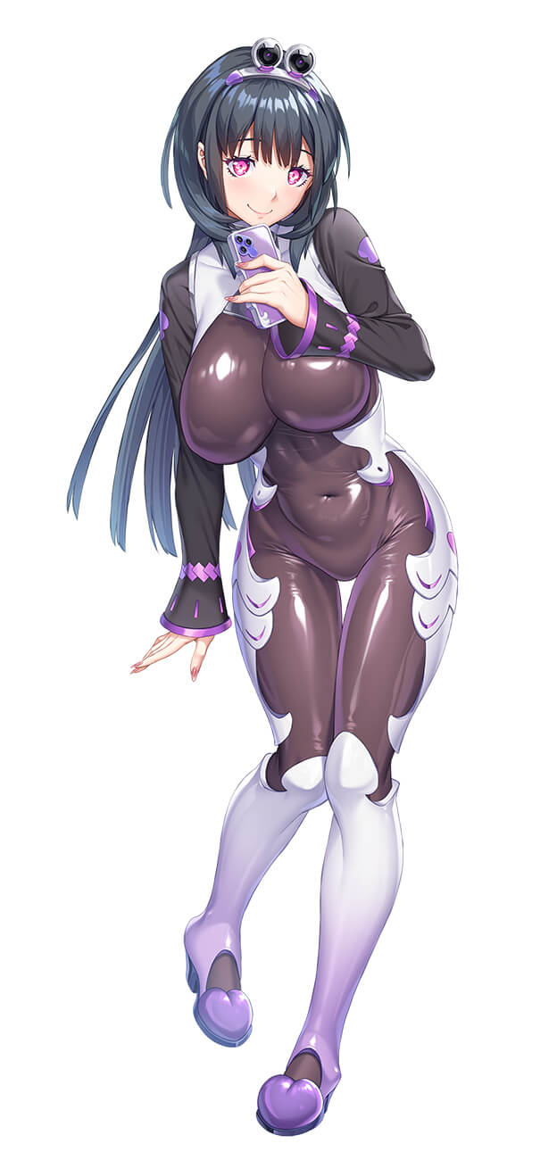 nobushito kuro, ayano shaeirin, lilith-soft, taimanin (series), taimanin rpgx, 1girl, bodysuit, breasts, curvy, full body, holding, holding phone, huge breasts, impossible bodysuit, impossible clothes, long hair, long sleeves, phone, purple eyes, shiny clothes, shiny skin, simple background, smile, solo, wide hips