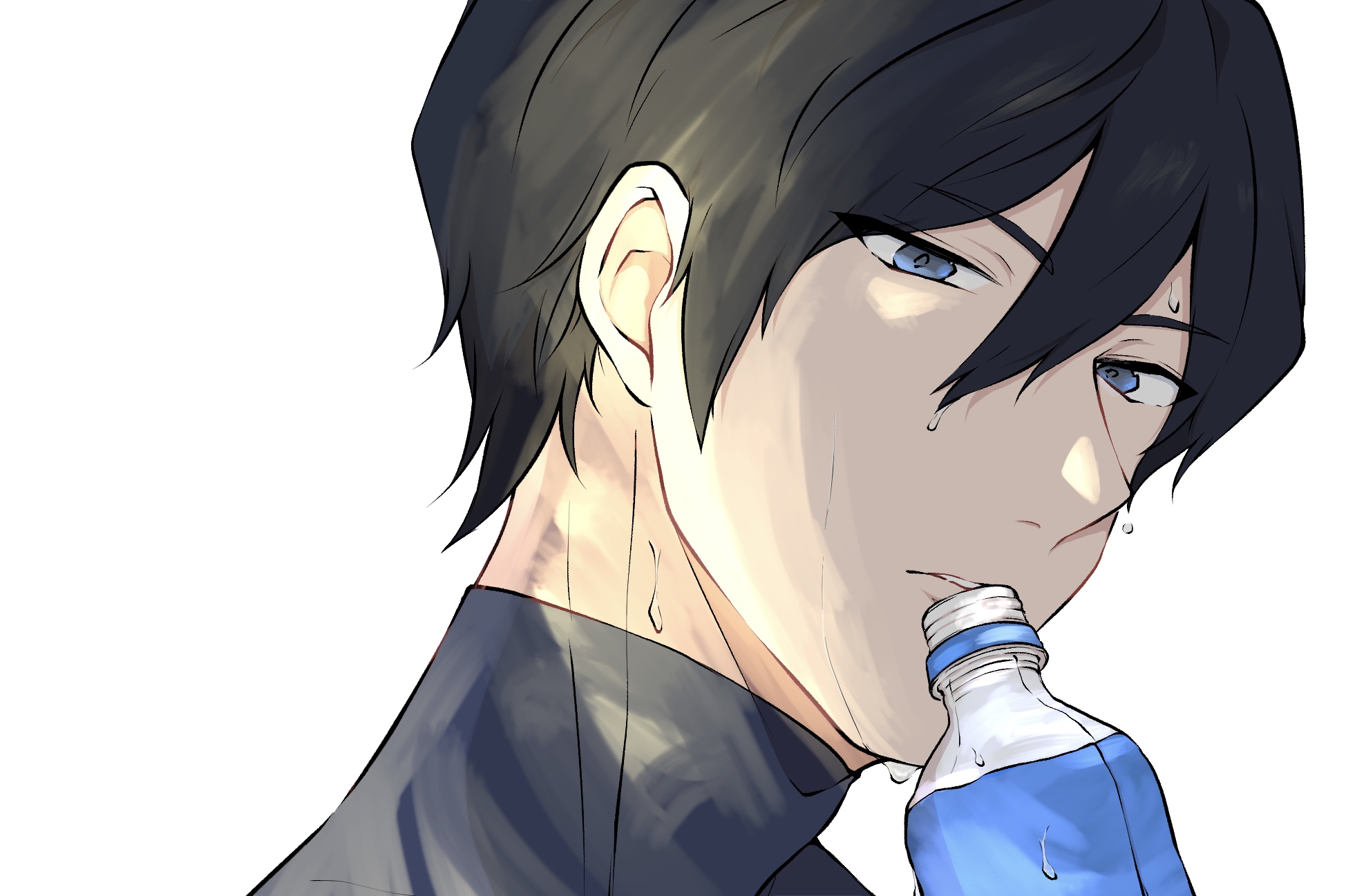 aiaipoponta0605, furuya satoru, ace of diamond, commentary request, highres, 1boy, black hair, blue eyes, bottle, closed mouth, high collar, looking at viewer, male focus, portrait, short hair, simple background, solo, teeth, water bottle, wet, wet hair, white background