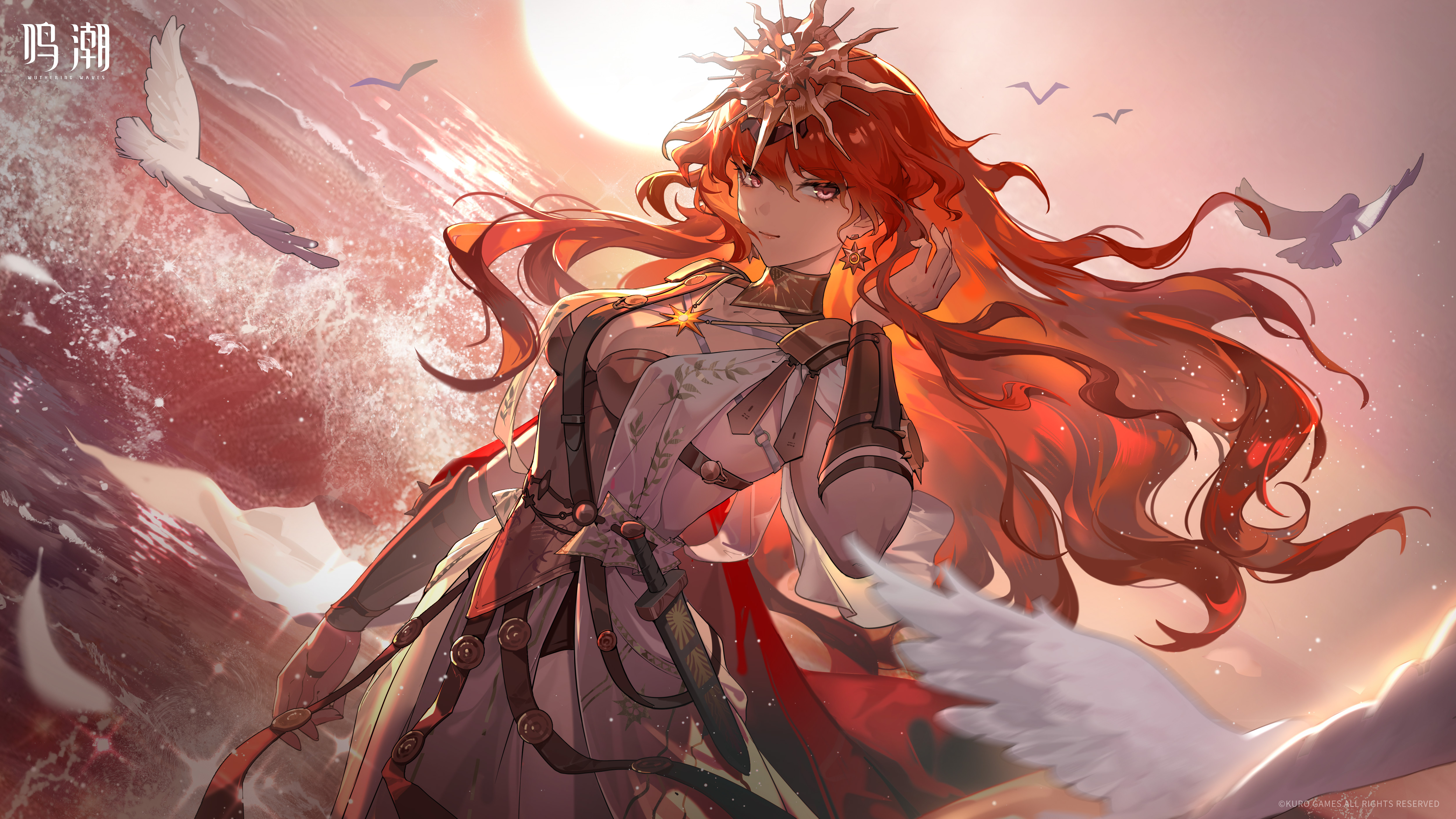 augusta (wuthering waves), wuthering waves, absurdres, chinese commentary, commentary request, highres, official art, 1girl, ancient greek clothes, arm armor, armor, bird, black collar, breastplate, breasts, closed mouth, collar, dress, earrings, greco-roman clothes, hand up, headgear, jewelry, logo, long hair, looking at viewer, medium breasts, orange eyes, orange hair, outdoors, sheath, smile, solo, sun earrings, sun necklace, tacet mark (wuthering waves), white bird, white dress