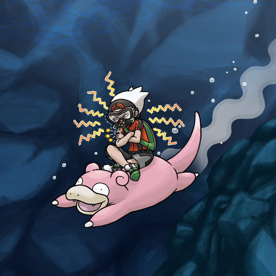 brendan (pokemon), slowpoke, nintendo, pokemon, pokemon oras, artist request, commentary request, official art, second-party source, 1boy, air bubble, backpack, bag, black shorts, bubble, crossed arms, crossed legs, dive (pokemon), fangs, gen 1 pokemon, goggles, green bag, green shoes, hat, nostrils, open mouth, pokemon (creature), pokemon move, red shirt, riding, riding pokemon, scuba gear, shirt, shoes, short sleeves, shorts, smile, swimming, underwater, white hat