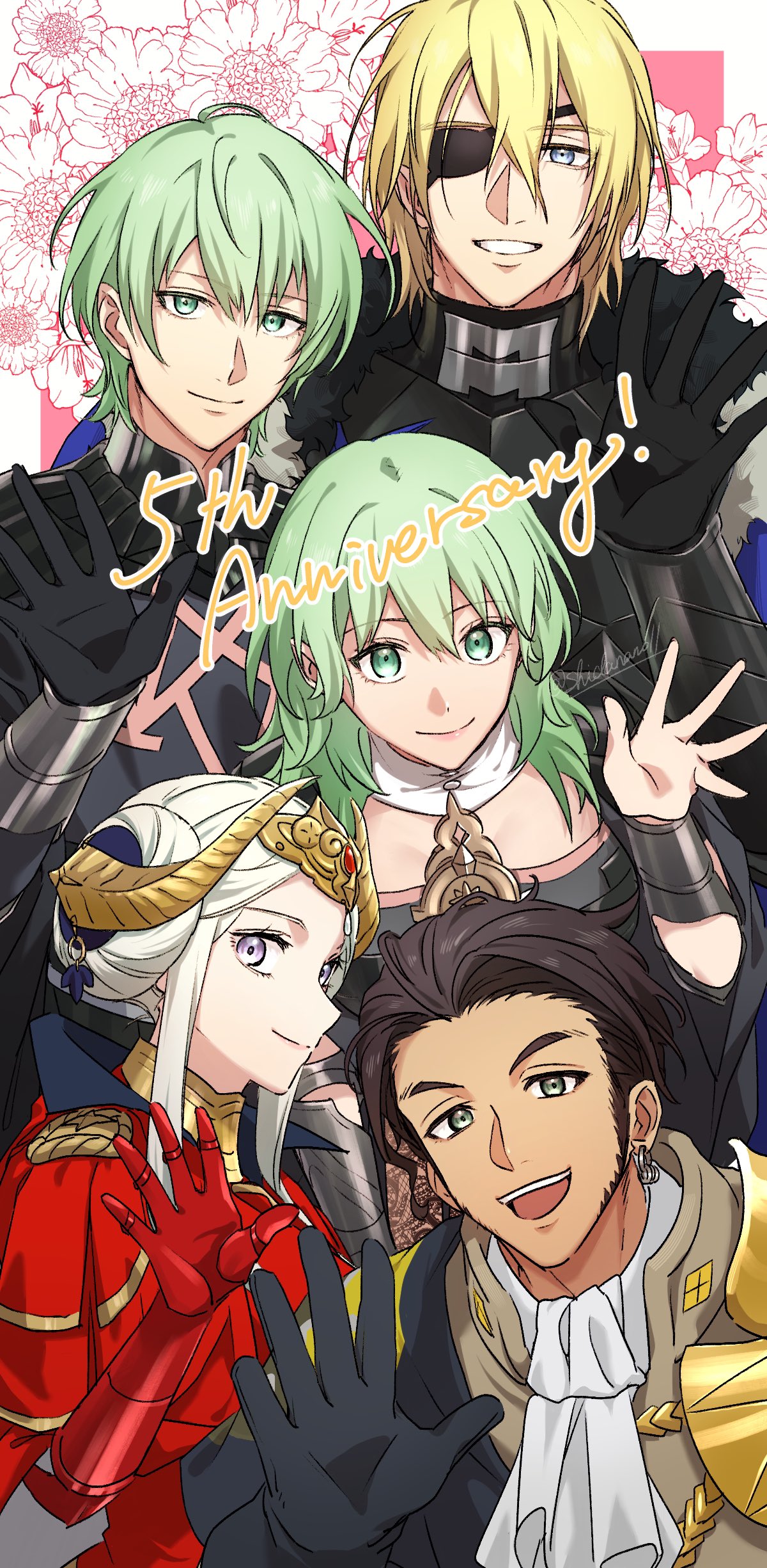 shidanano11, claude von riegan, claude von riegan (timeskip), dimitri alexandre blaiddyd, dimitri alexandre blaiddyd (timeskip), edelgard von hresvelg, edelgard von hresvelg (timeskip), female byleth (enlightened) (fire emblem), female byleth (fire emblem), male byleth (enlightened) (fire emblem), male byleth (fire emblem), fire emblem, fire emblem: three houses, nintendo, absurdres, commentary request, highres, 2girls, 3boys, anniversary, armor, black armor, black gloves, black hair, blonde hair, dark-skinned male, dark skin, eyepatch, fake horns, gloves, green eyes, green hair, grin, horns, multiple boys, multiple girls, one eye covered, purple eyes, red gloves, sidelocks, smile, twitter username, white hair, yellow horns