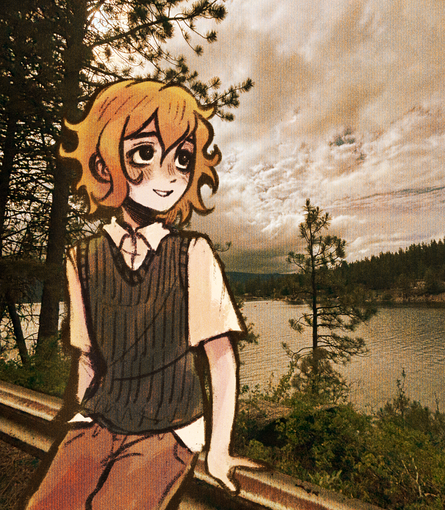 ottie pops, basil (faraway) (omori), basil (omori), omori, highres, revision, 1boy, alternate eye color, arm support, black eyes, blonde hair, brown shorts, cloud, cloudy sky, collared shirt, forest, green sweater vest, male focus, nature, outdoors, parted lips, photo background, shirt, short sleeves, shorts, sitting, sky, smile, solo, sweater vest, tree, white shirt
