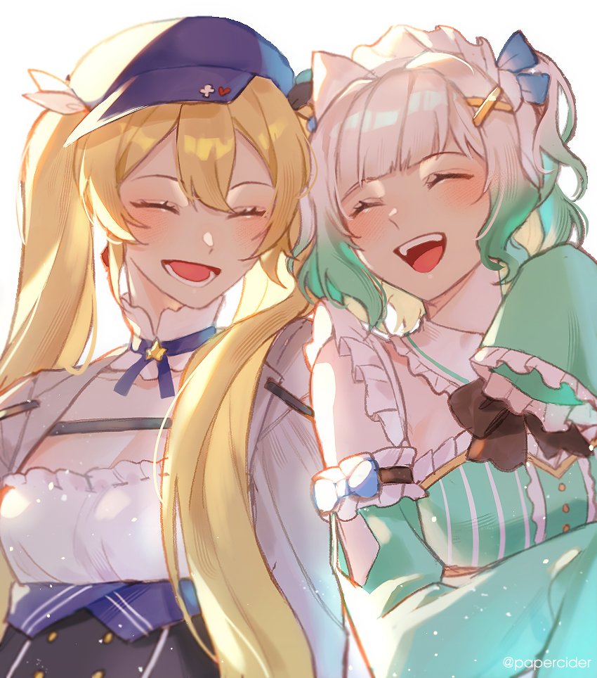 papercider, dokibird, dokibird (retro doki), mint fantome, mint fantome (minto 2.0), indie virtual youtuber, commentary, symbol-only commentary, 2girls, ^ ^, blonde hair, closed eyes, collar, detached collar, detached sleeves, frilled shirt collar, frills, gradient hair, green hair, green shirt, grey hair, hair ornament, hair over shoulder, happy, hat, headdress, long hair, long sleeves, multicolored hair, multiple girls, neck ribbon, open mouth, purple hat, purple ribbon, ribbon, shirt, simple background, sleeveless, sleeveless shirt, sleeves past fingers, sleeves past wrists, smile, straight hair, triangular headpiece, twintails, upper body, virtual youtuber, wavy hair, white background, white collar, white shirt, x hair ornament