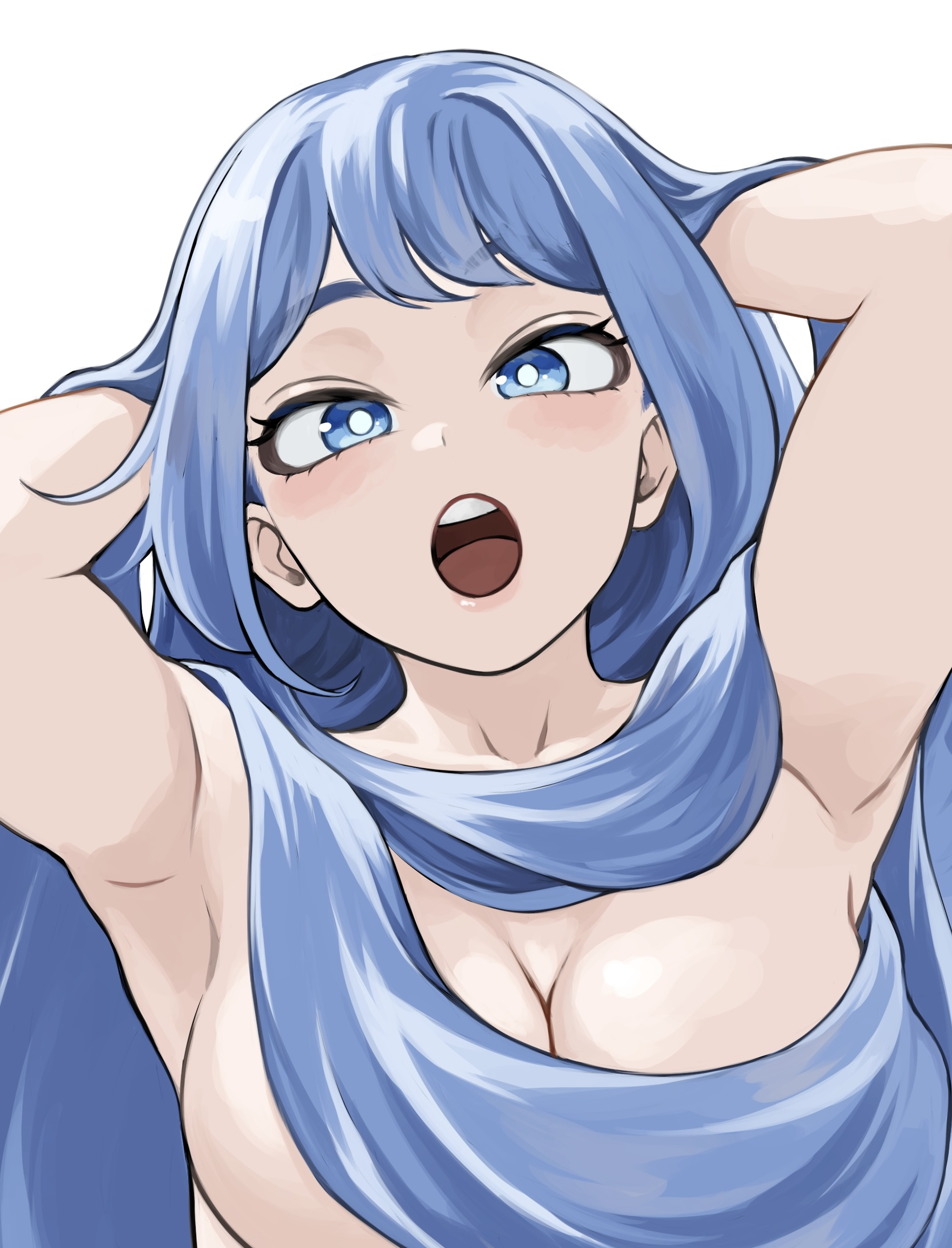 fengling (furin-jp), hado nejire, boku no hero academia, highres, 1girl, :o, armpits, arms behind head, arms up, blue eyes, blue hair, breasts, hair over breasts, half-closed eyes, implied nudity, large breasts, long hair, looking at viewer, open mouth, simple background, solo, teeth, upper teeth only, very long hair, white background