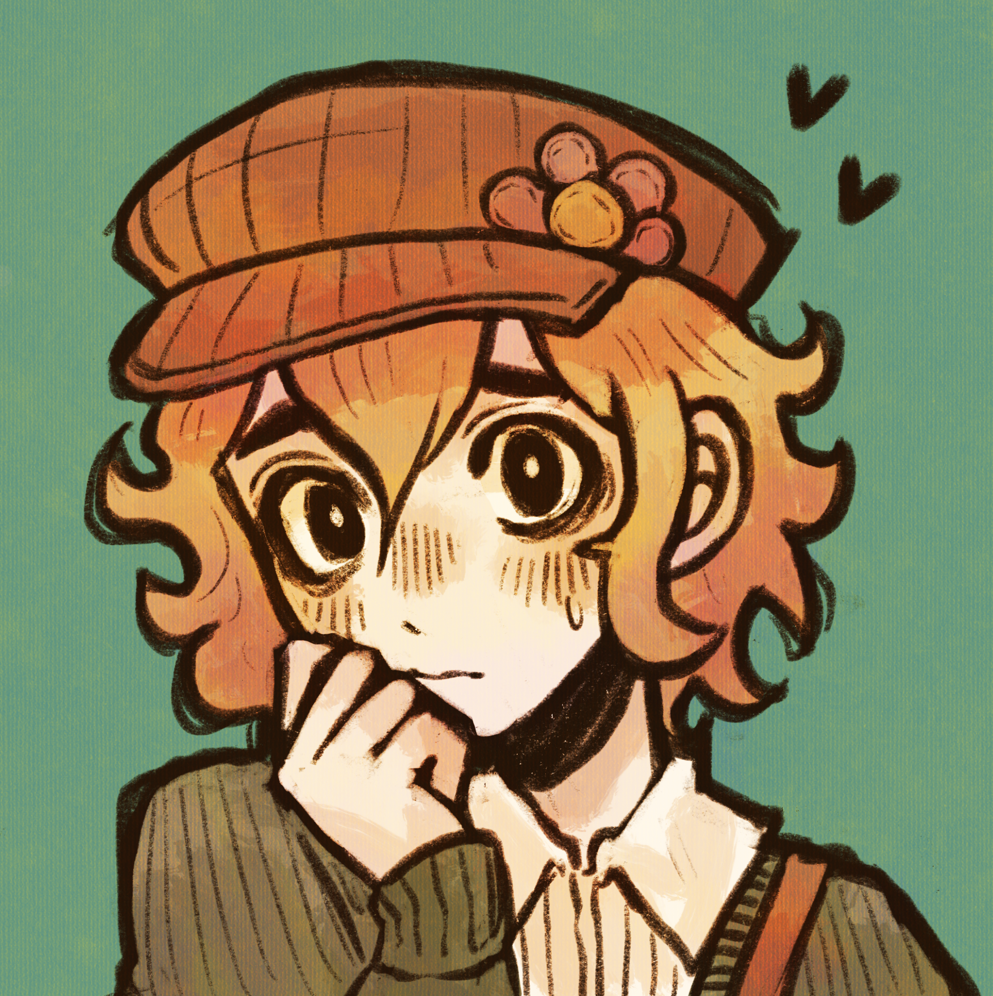 ottie pops, basil (birthday) (omori), basil (faraway) (omori), basil (omori), omori, highres, 1boy, alternate eye color, black eyes, blonde hair, blush, brown hat, closed mouth, collared shirt, green background, hat, heart, long sleeves, looking at viewer, male focus, shirt, short hair, simple background, solo, sweatdrop, upper body, wavy mouth, white shirt