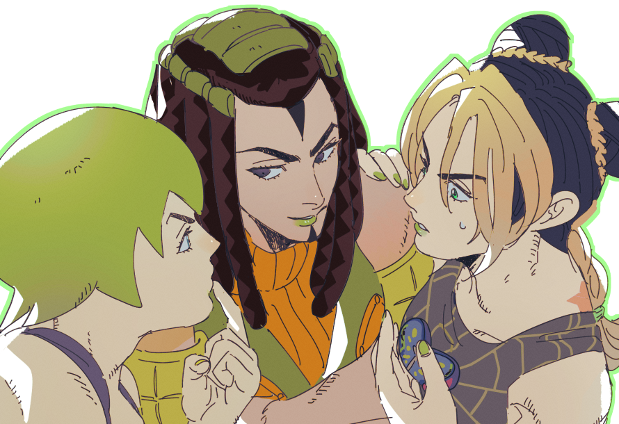 tirauraja, ermes costello, foo fighters (jojo), kuujou jolyne, jojo no kimyou na bouken, stone ocean, commentary, 3girls, arm up, black hair, black tank top, blonde hair, blue eyes, braid, double bun, dreadlocks, eyelashes, facial mark, finger to mouth, fingernails, green hair, green lips, green nails, hair bun, lips, lipstick, looking at another, looking to the side, makeup, medium hair, multicolored hair, multiple girls, nail polish, short hair, single braid, spider web print, sweatdrop, tank top, two-tone hair, white background