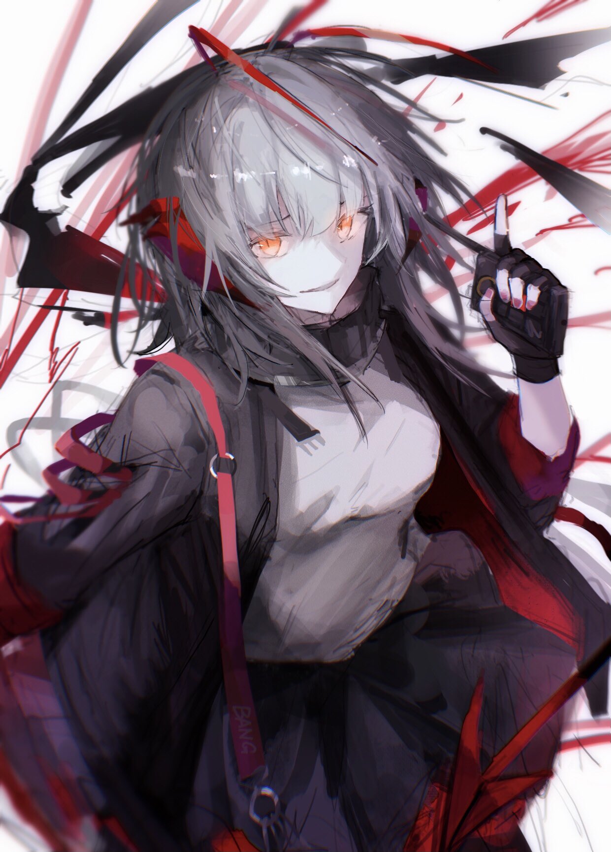 w (arknights), arknights, commentary, highres, 1girl, black gloves, black jacket, blurry, detonator, fingerless gloves, fingernails, gloves, grey hair, grey shirt, hinanagimama1, holding, holding detonator, jacket, looking at viewer, medium hair, multicolored hair, o-ring, open clothes, open jacket, orange eyes, parted lips, red hair, red ribbon, ribbon, shirt, solo, streaked hair