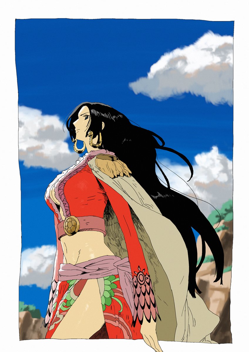 boa hancock, one piece, artist request, official art, 1girl, black hair, breasts, cape, cleavage, cloud, cloudy sky, crop top, day, earrings, frilled sleeves, frills, jewelry, long hair, long sleeves, midriff, navel, sarong, sky, snake earrings, solo