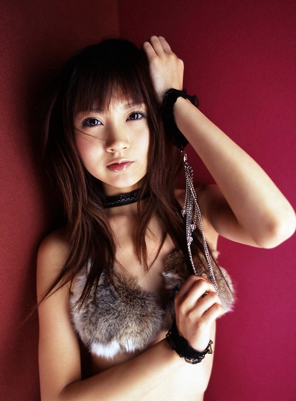 hamada shoko, photo (medium), 1girl, asian, bikini, breasts, brown hair, collar, cuffs, female focus, handcuffs, indoors, long hair, looking at viewer, small breasts, solo, swimsuit
