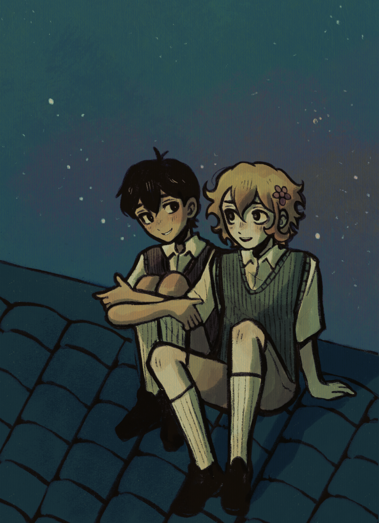 ottie pops, basil (faraway) (omori), basil (omori), sunny (omori), omori, highres, 2boys, alternate eye color, antenna hair, arm support, black eyes, black hair, black shoes, black sweater vest, blonde hair, blush, brown shorts, crossed arms, double-parted bangs, flower, grin, hair between eyes, hair flower, hair ornament, kneehighs, knees up, loafers, looking at another, male focus, multiple boys, night, on roof, open mouth, outdoors, parted lips, shirt, shoes, short hair, shorts, sidelocks, sitting, sky, smile, socks, star (sky), starry sky, sweater vest, teeth, upper teeth only, white shirt, white socks