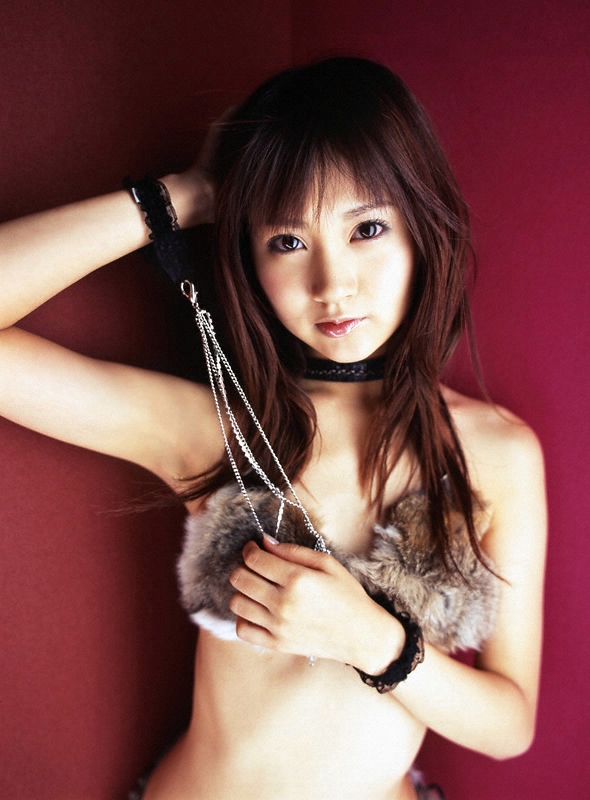hamada shoko, photo (medium), 1girl, asian, bikini, breasts, brown hair, collar, cuffs, female focus, handcuffs, indoors, long hair, looking at viewer, small breasts, solo, swimsuit