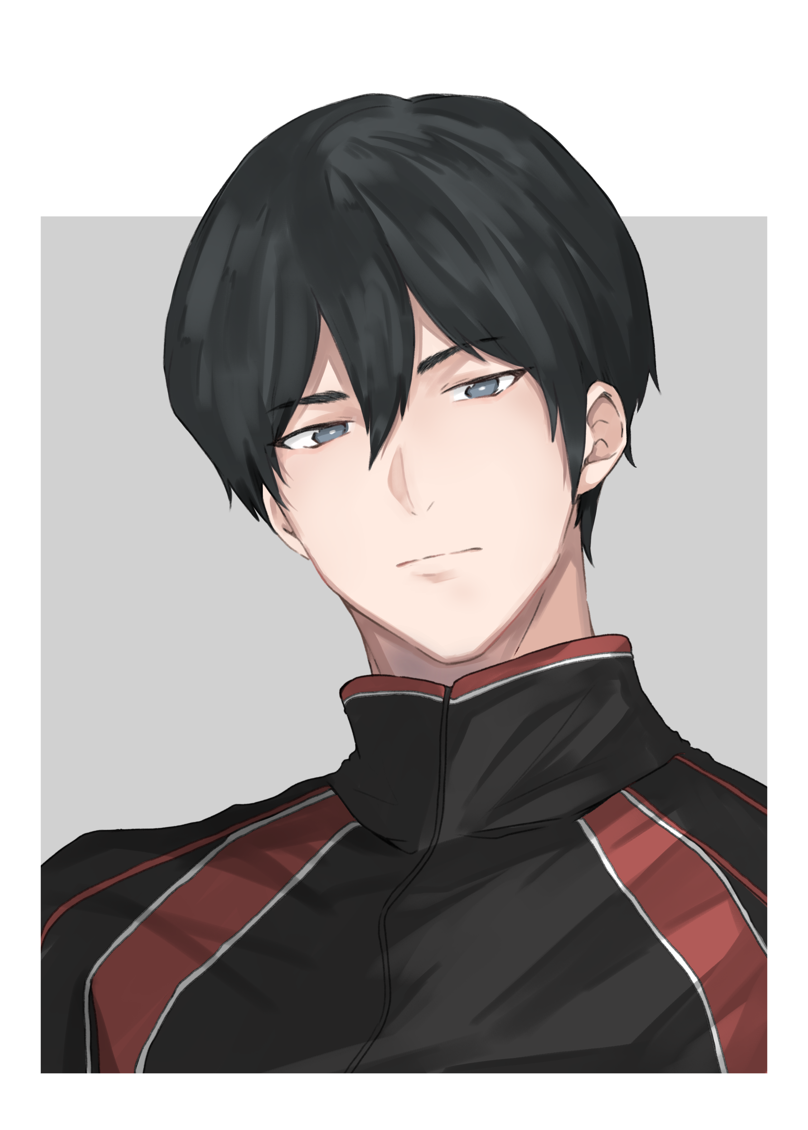 aiaipoponta0605, furuya satoru, ace of diamond, absurdres, commentary request, highres, 1boy, black hair, blue eyes, border, closed mouth, hair between eyes, high collar, jacket, looking at viewer, male focus, outside border, seidou high school jacket, short hair, solo, upper body, white border