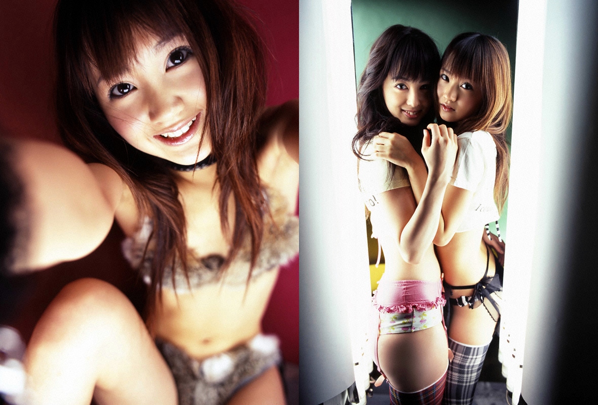 akiyama rina, hamada shoko, photo (medium), 2girls, asian, bikini, breasts, brown hair, garter belt, gloves, halterneck, indoors, long hair, looking at viewer, multiple girls, shirt, small breasts, smile, swimsuit, t-shirt, thighhighs