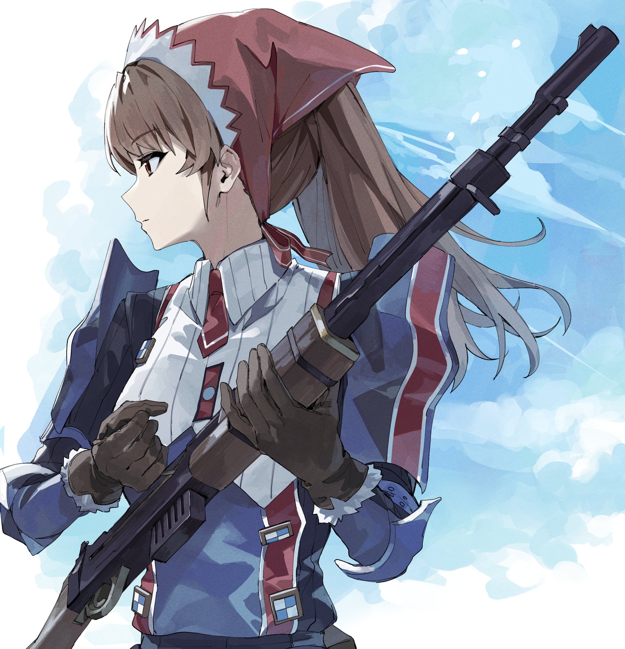 kamu (kamuuei), alicia melchiott, senjou no valkyria, senjou no valkyria (series), senjou no valkyria 1, commentary, highres, 1girl, armor, black gloves, brown eyes, brown hair, closed mouth, gloves, gun, headdress, holding, holding gun, holding weapon, long hair, pauldrons, profile, shoulder armor, solo, weapon