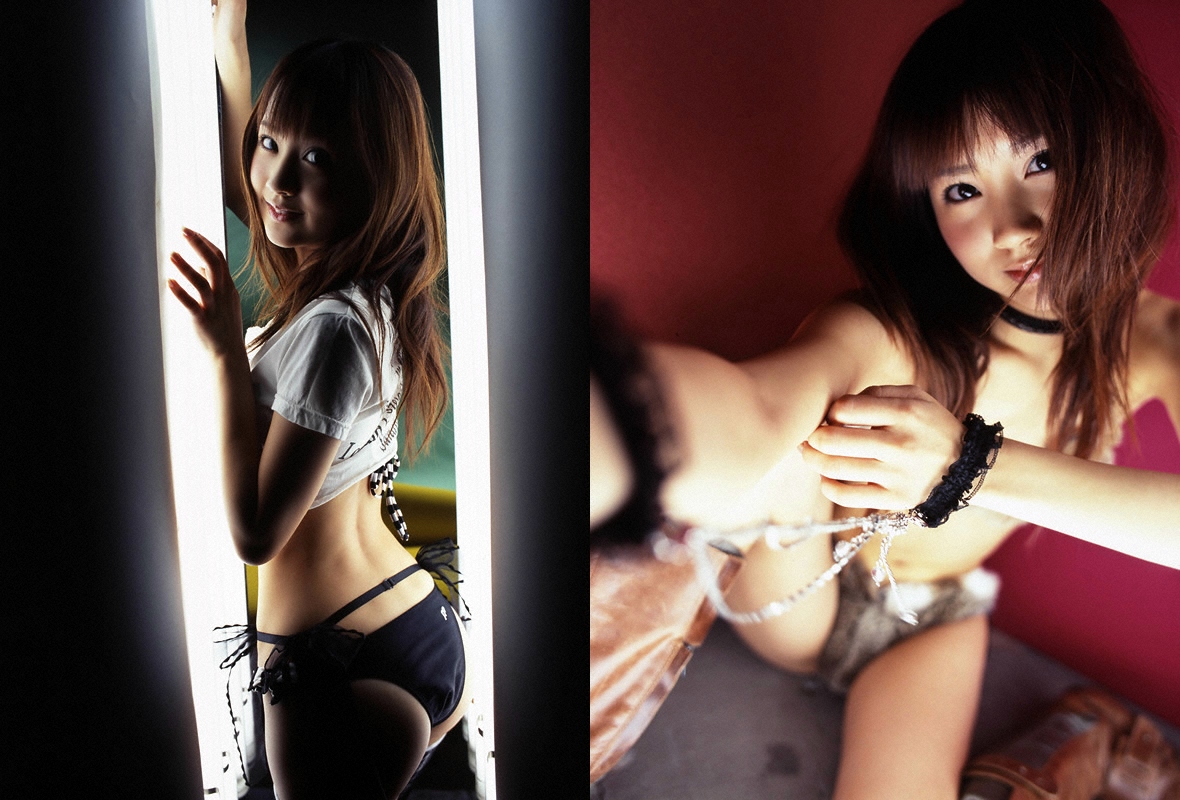 hamada shoko, photo (medium), 1girl, asian, bikini, breasts, brown hair, collar, cuffs, dutch angle, female focus, garter belt, handcuffs, indoors, long hair, looking at viewer, shirt, small breasts, smile, solo, swimsuit, t-shirt, thighhighs