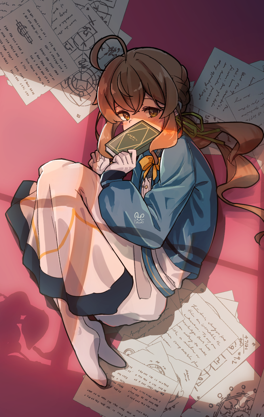 elun (elun 00), monica everett, silent witch, highres, 1girl, aqua jacket, blush, book, brown eyes, brown hair, from side, full body, hair between eyes, holding, holding book, jacket, long hair, looking at viewer, lying, on side, paper, signature, skirt, solo, thighhighs, white skirt, white thighhighs