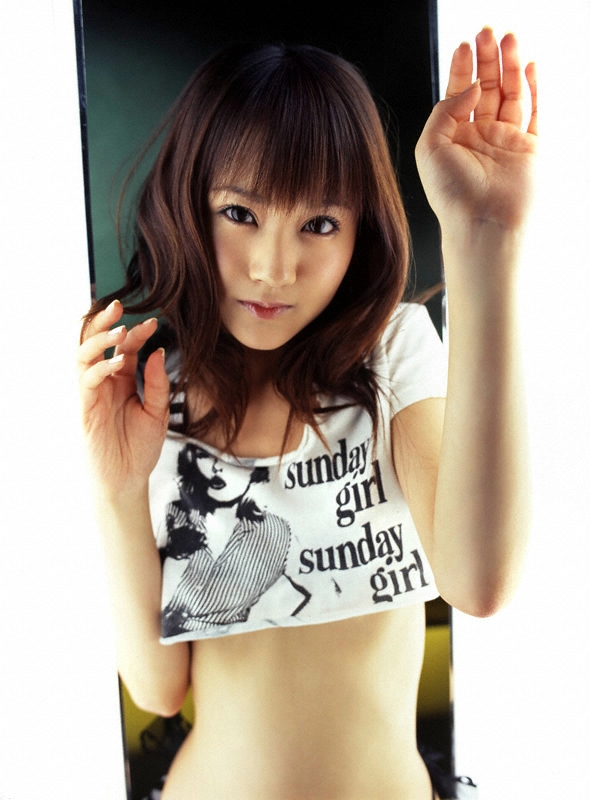 hamada shoko, photo (medium), tagme, 1girl, asian, breasts, brown hair, female focus, indoors, long hair, looking at viewer, midriff, shirt, small breasts, solo, t-shirt