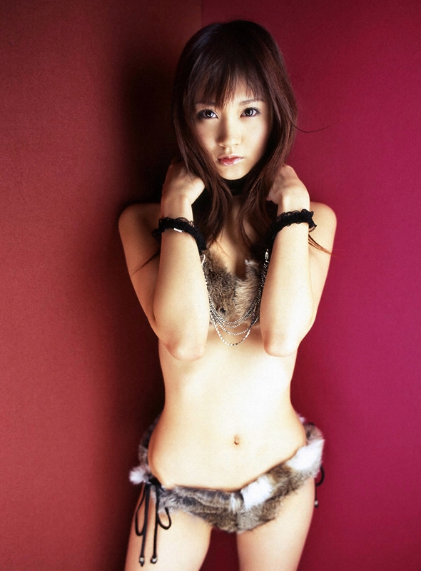 hamada shoko, photo (medium), 1girl, asian, bikini, breasts, brown hair, collar, cuffs, female focus, handcuffs, indoors, long hair, looking at viewer, small breasts, solo, swimsuit
