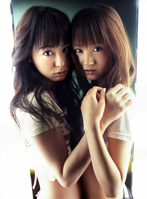 akiyama rina, hamada shoko, photo (medium), 2girls, asian, long hair, looking at viewer, midriff, multiple girls, shirt, t-shirt