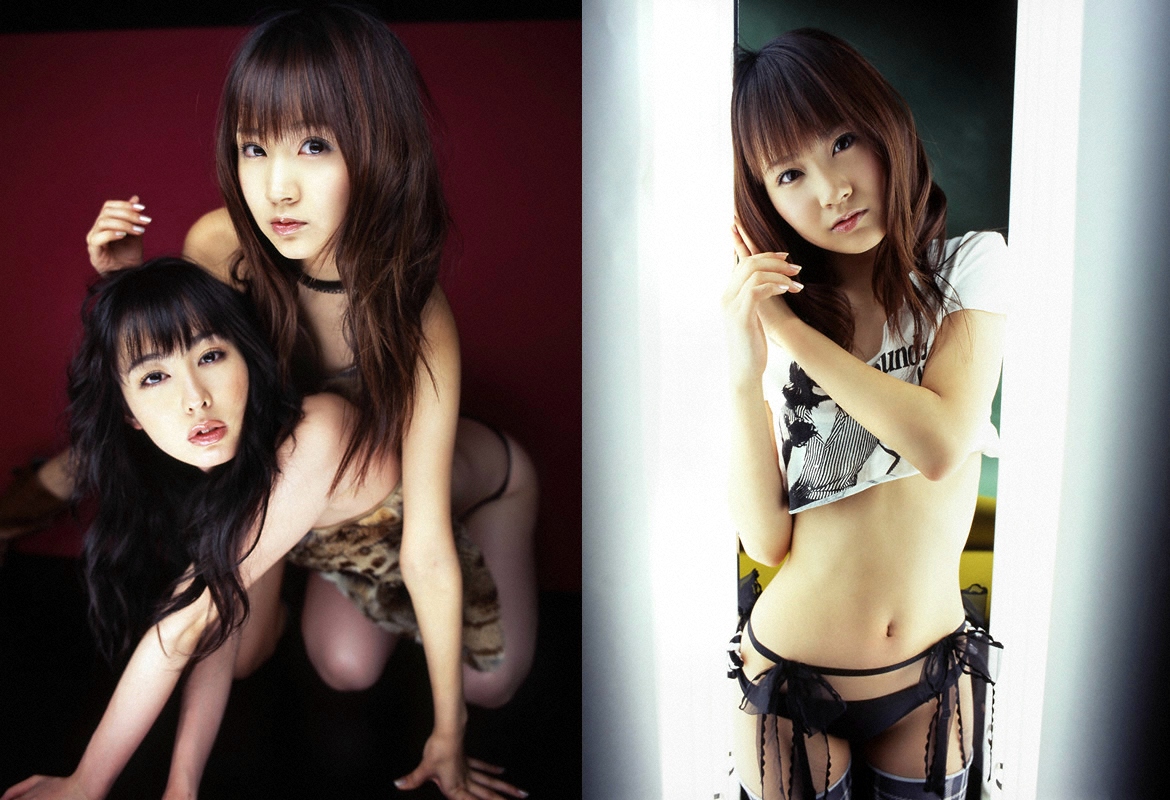 akiyama rina, hamada shoko, photo (medium), 2girls, asian, bikini, boots, breasts, brown hair, gloves, halterneck, indoors, long hair, looking at viewer, multiple girls, panties, small breasts, swimsuit, thighhighs, underwear