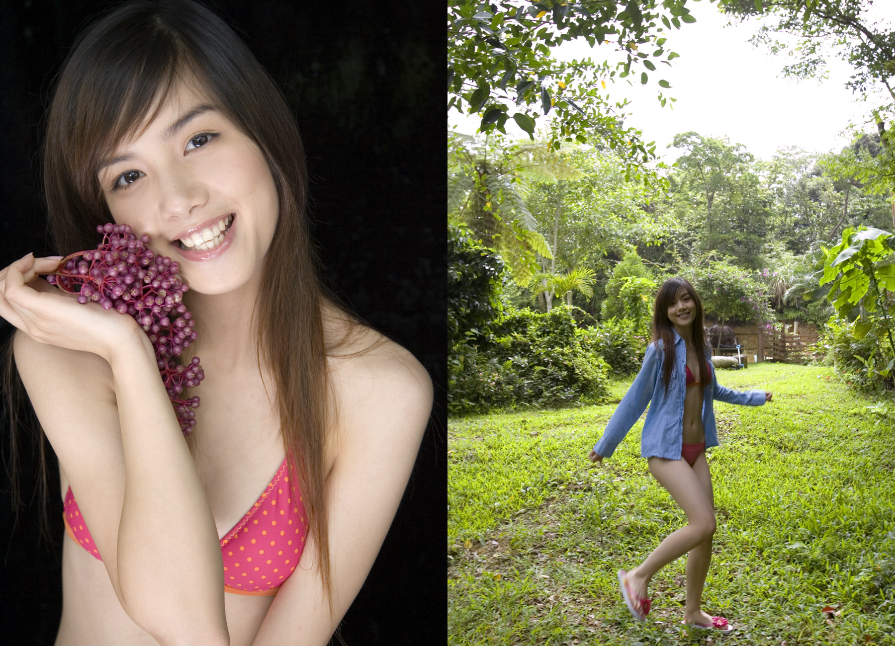 rola chung, highres, photo (medium), bikini, flip-flops, open clothes, open shirt, sandals, shirt, swimsuit